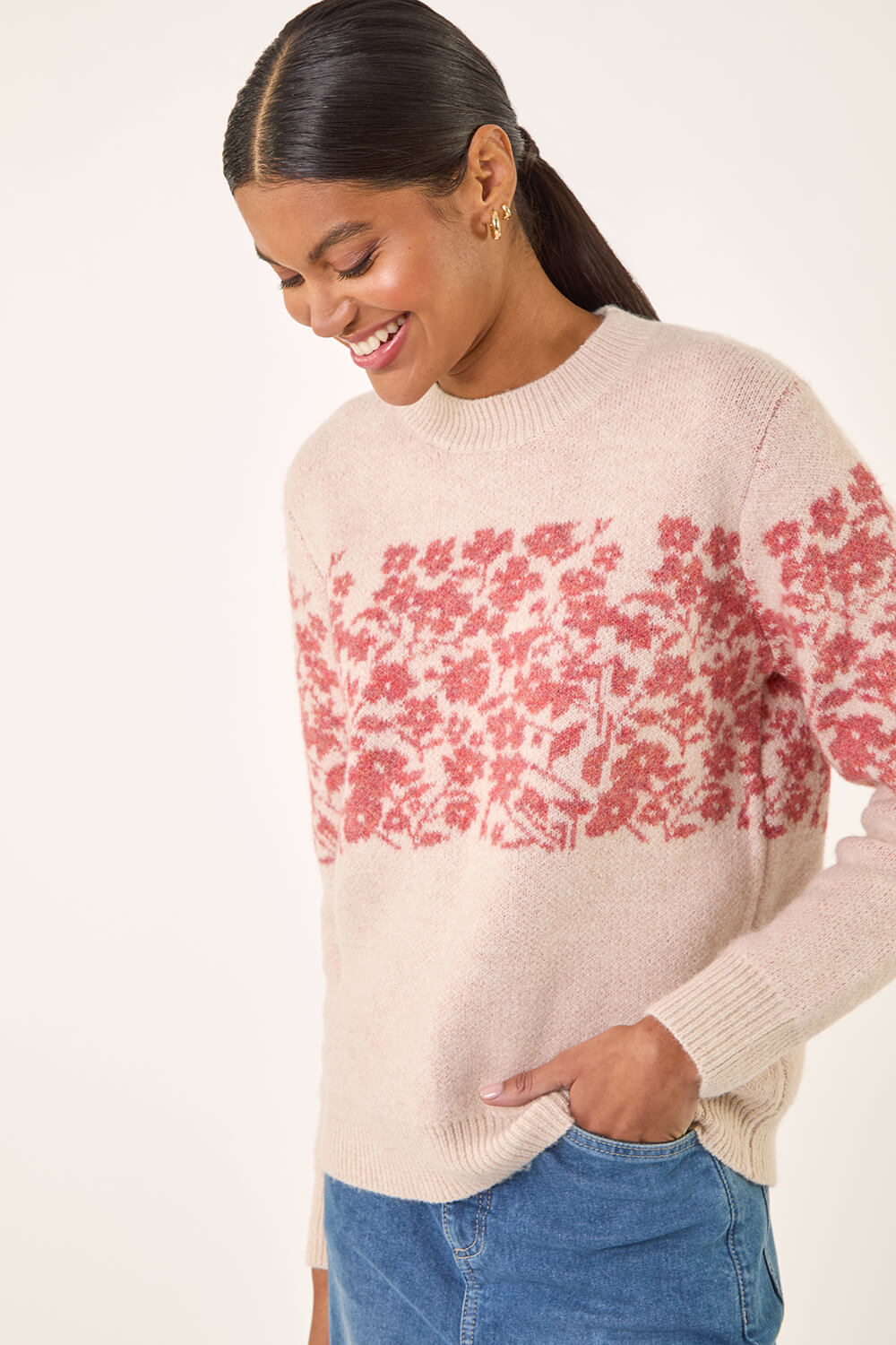 Roman Women's Beige Soft Touch Floral Knit Jumper Size 20