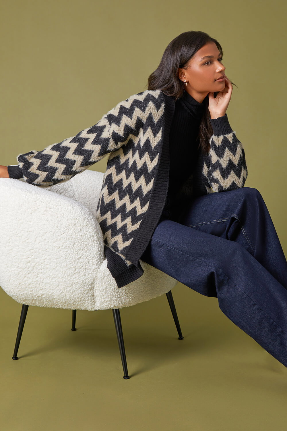Black Zig Zag Print Knitted Cardigan | Roman UK