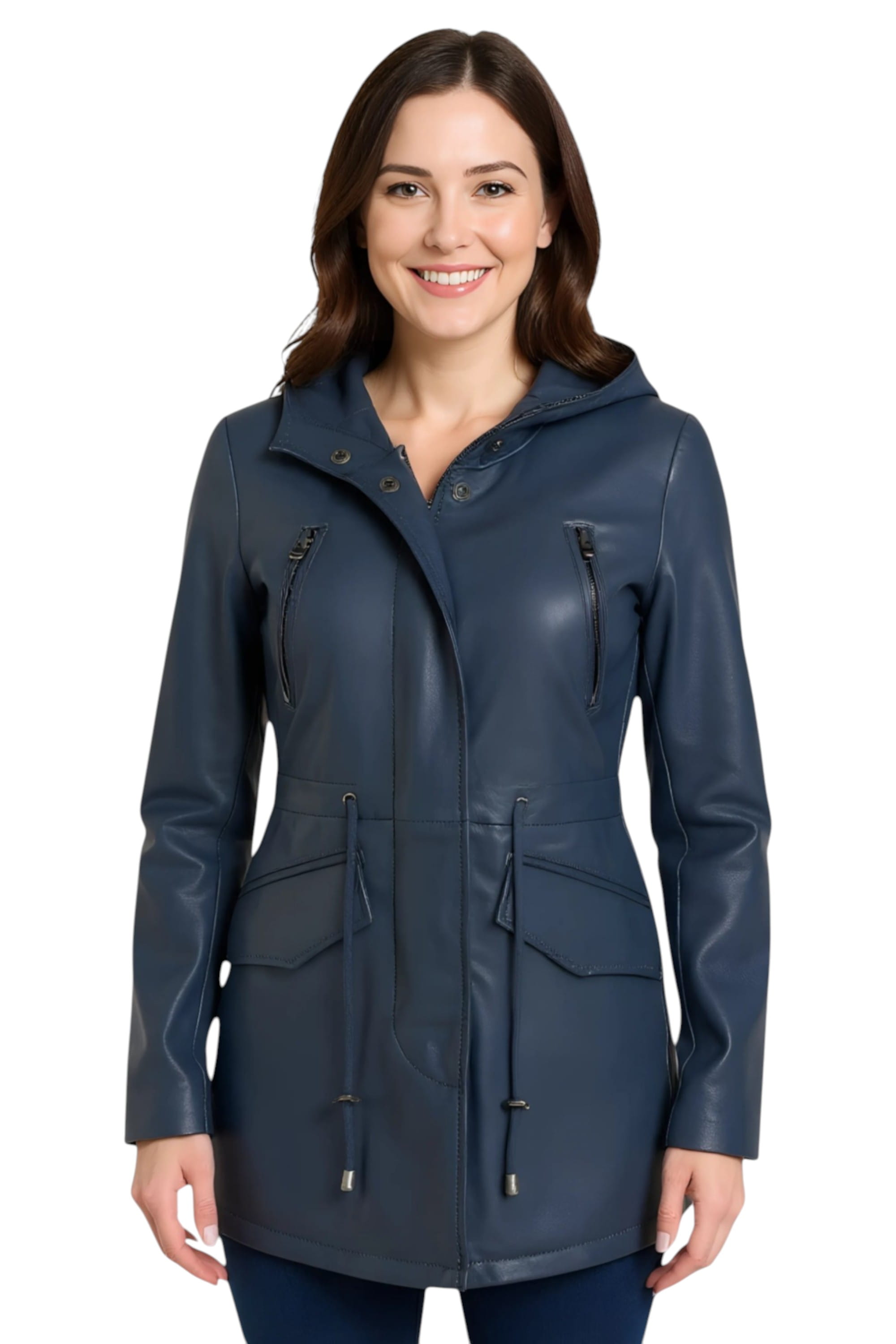 Blue Leather Hooded Parka Jacket-Cairns, Image 1 of 6
