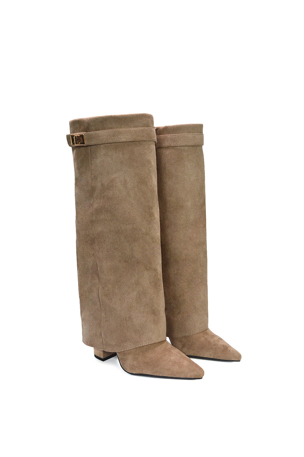 Taupe XY LONDON Taupe 'Rayna' Block Heel Knee High Foldover Boots With Pointed Toe, Image 5 of 5