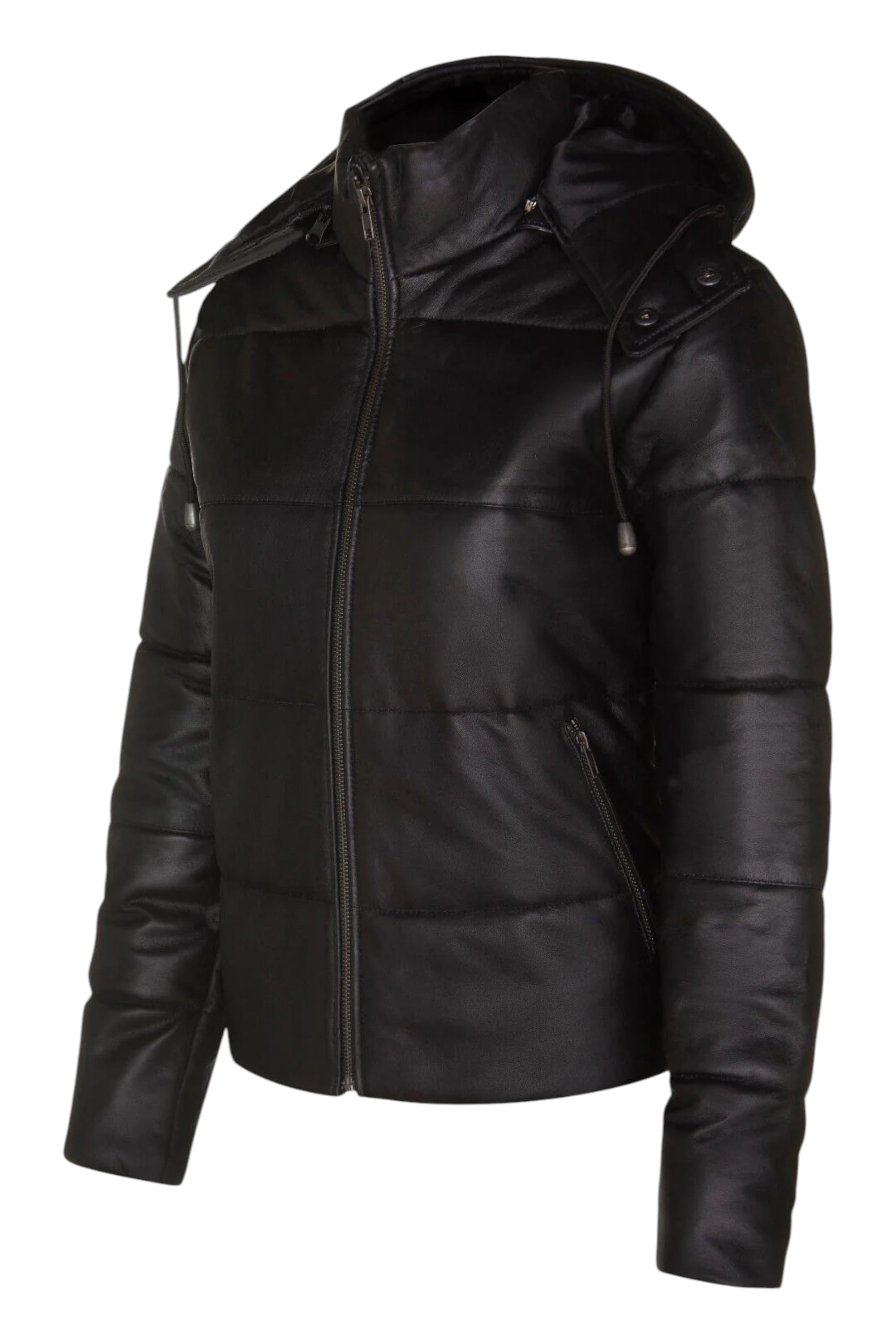 Black Womens Puffer Leather Bomber Jacket-Ajax, Image 6 of 6