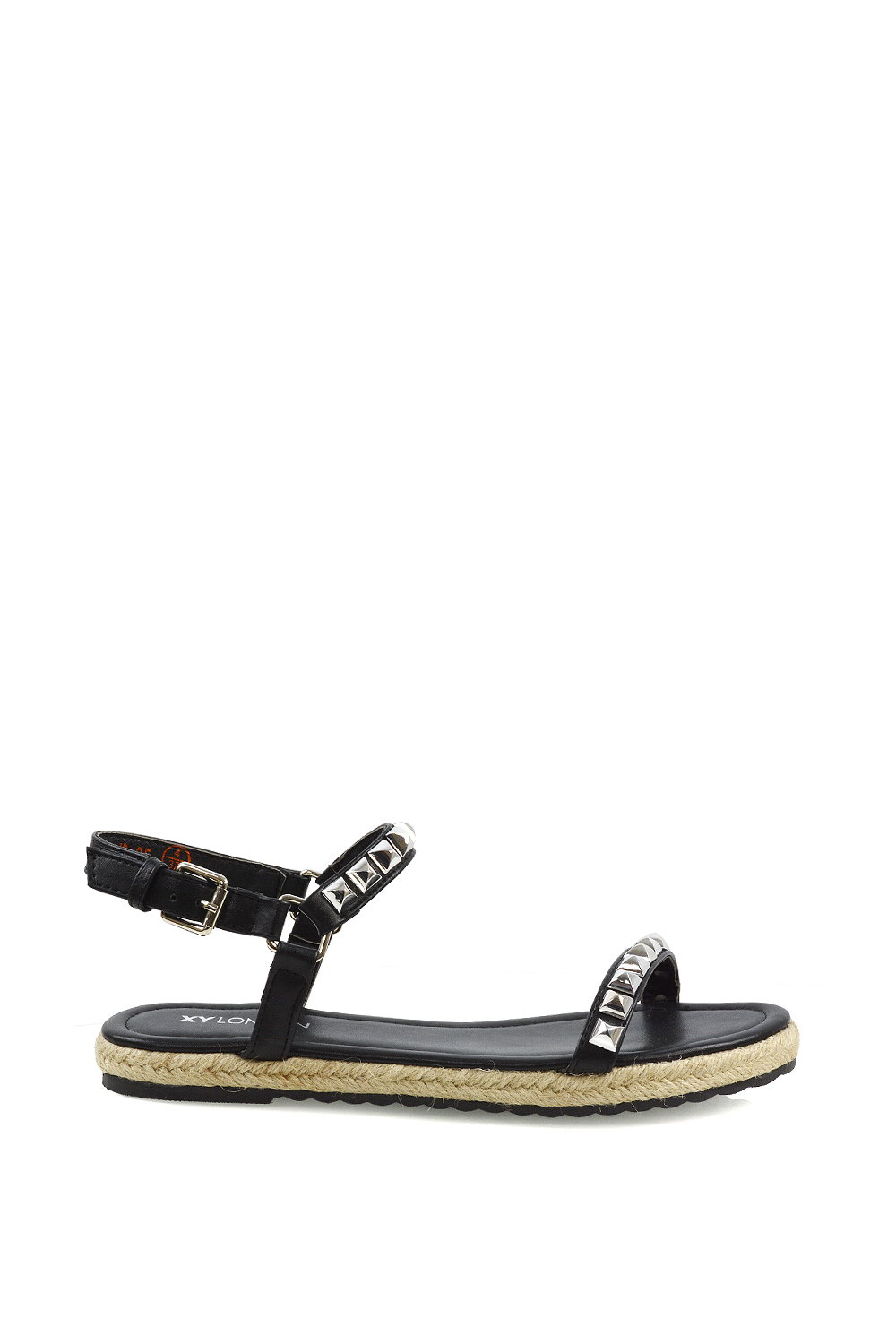 Black XY LONDON Black Studded Flat Espadrille Sandals with Slingback, Image 1 of 3