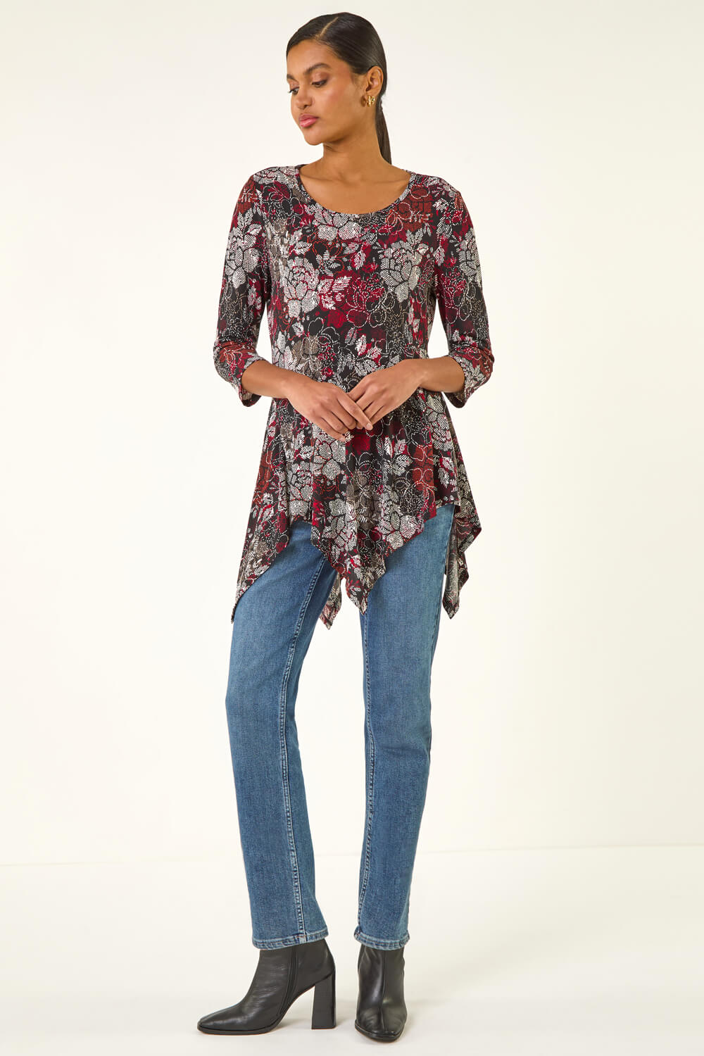 Red Floral Puff Print Hanky Hem Top, Image 3 of 5