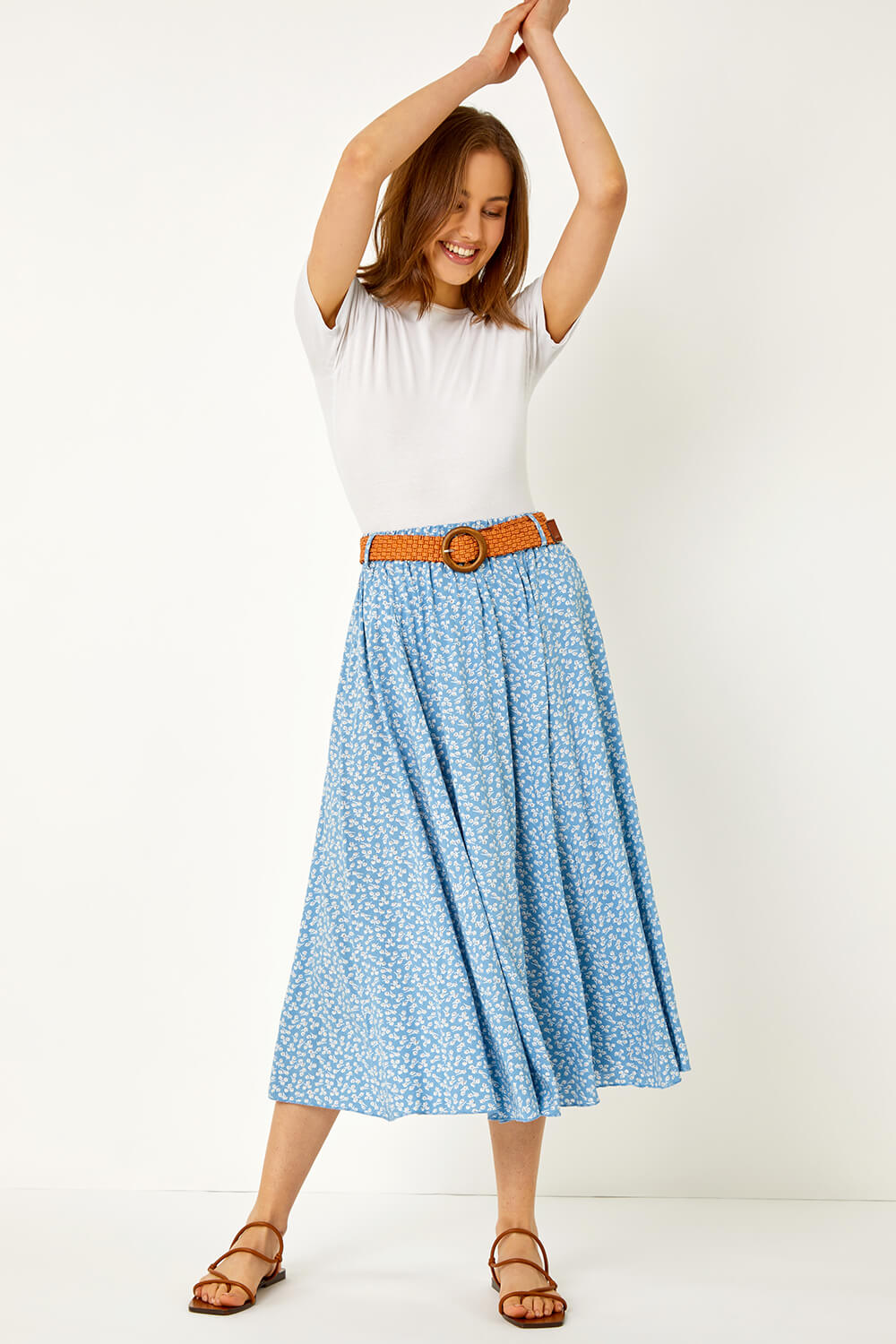 Denim Floral Print Belted Elastic Waist Midi Skirt, Image 3 of 5