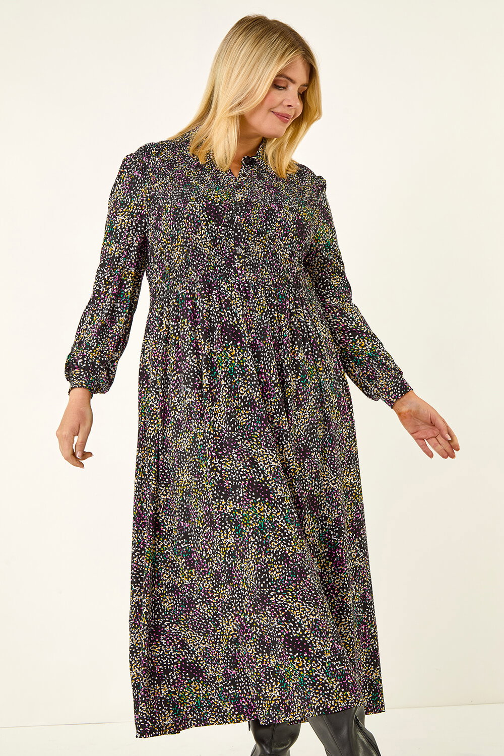 Purple Curve Abstract Print Shirred Midi Dress, Image 5 of 5