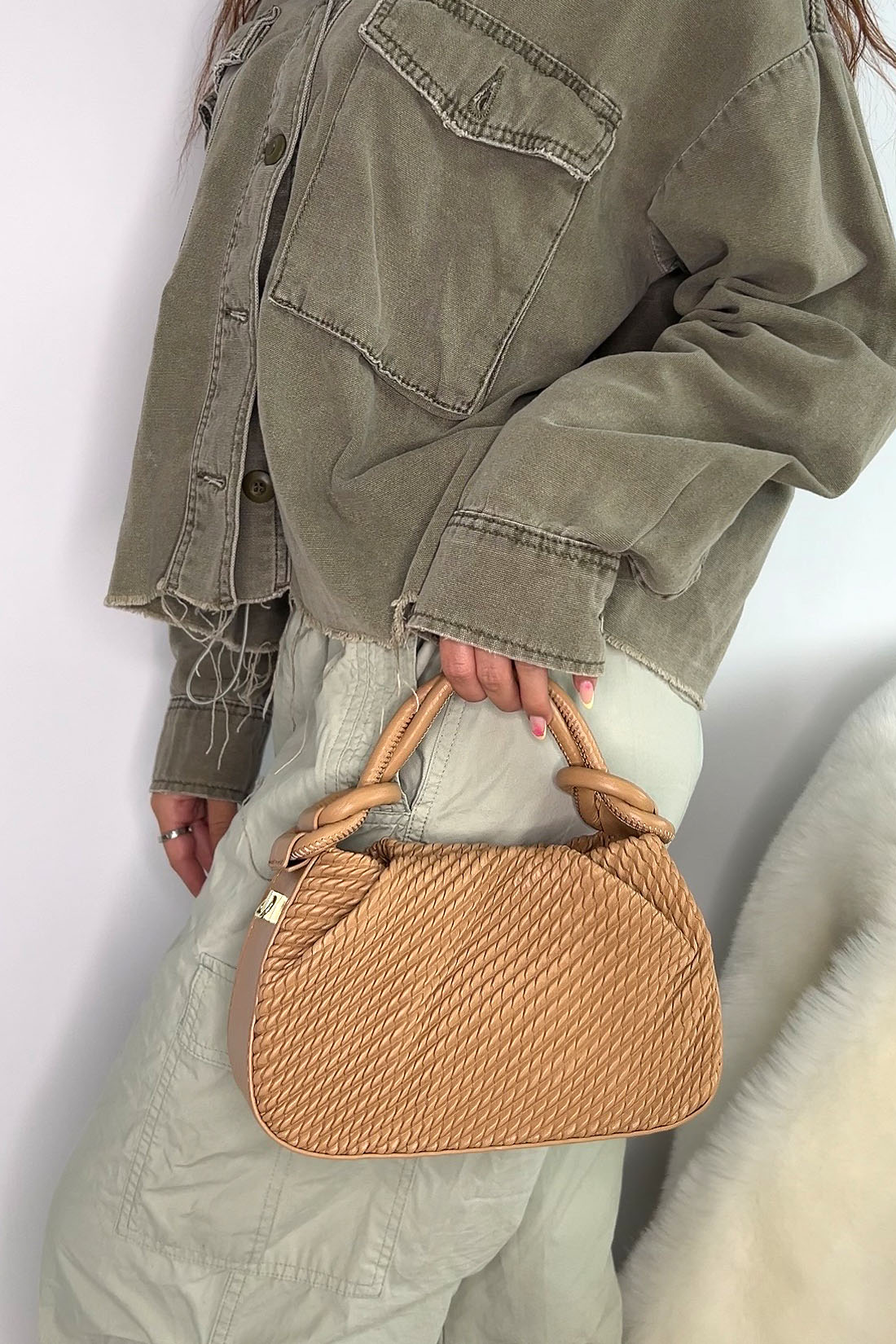 Tan Woven Mini Bag With Handle and Body Strap, Image 1 of 4
