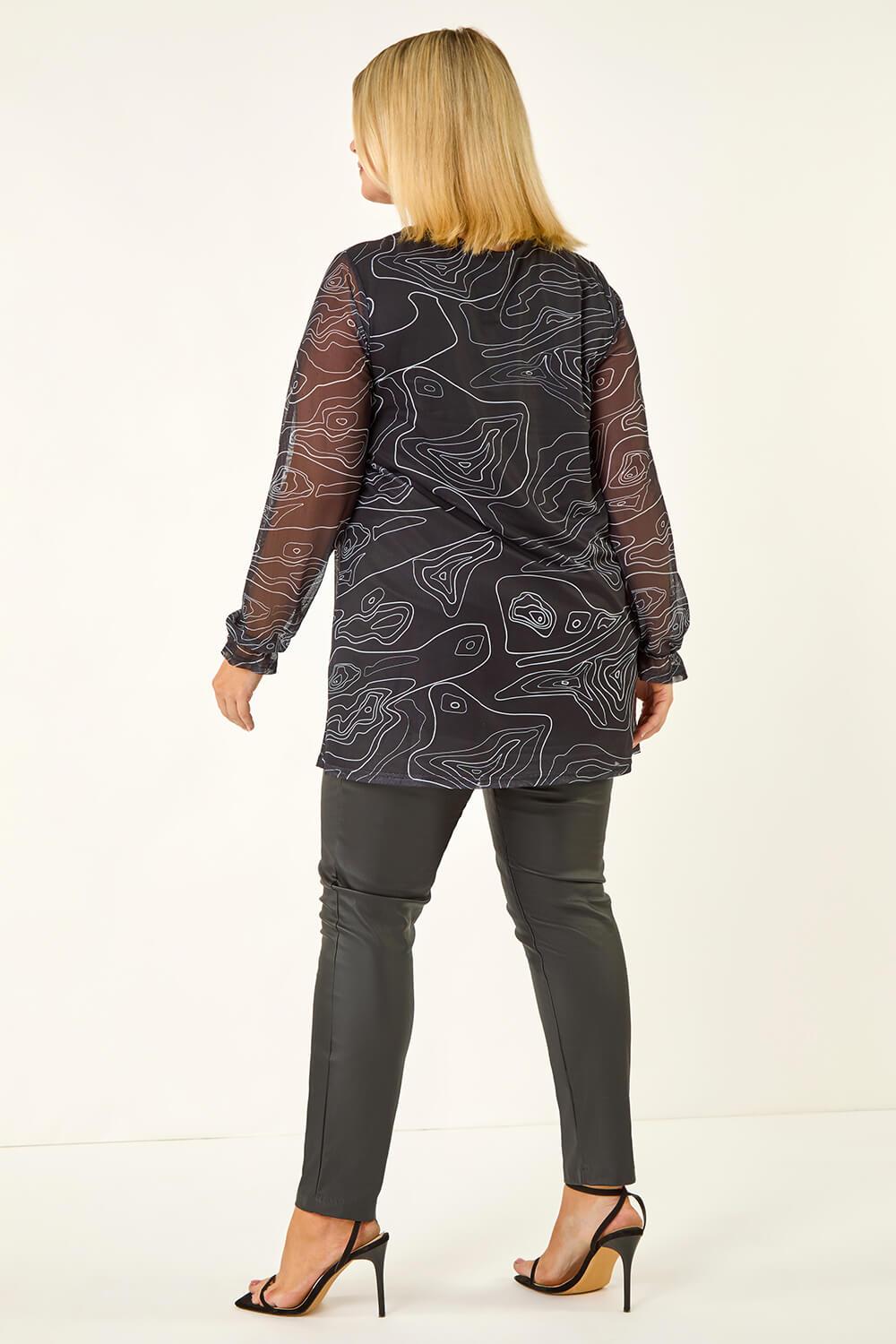 Black Curve Swirl Print Stretch Top, Image 4 of 5