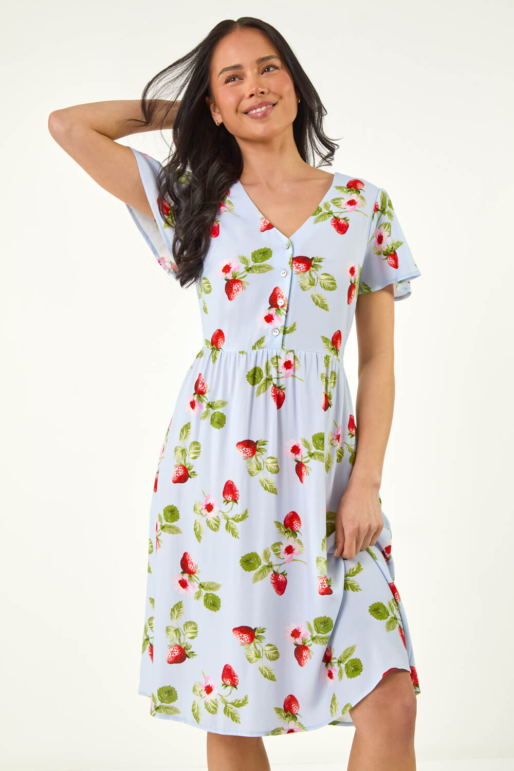 Blue Petite Strawberry Print Pocket Dress , Image 1 of 5