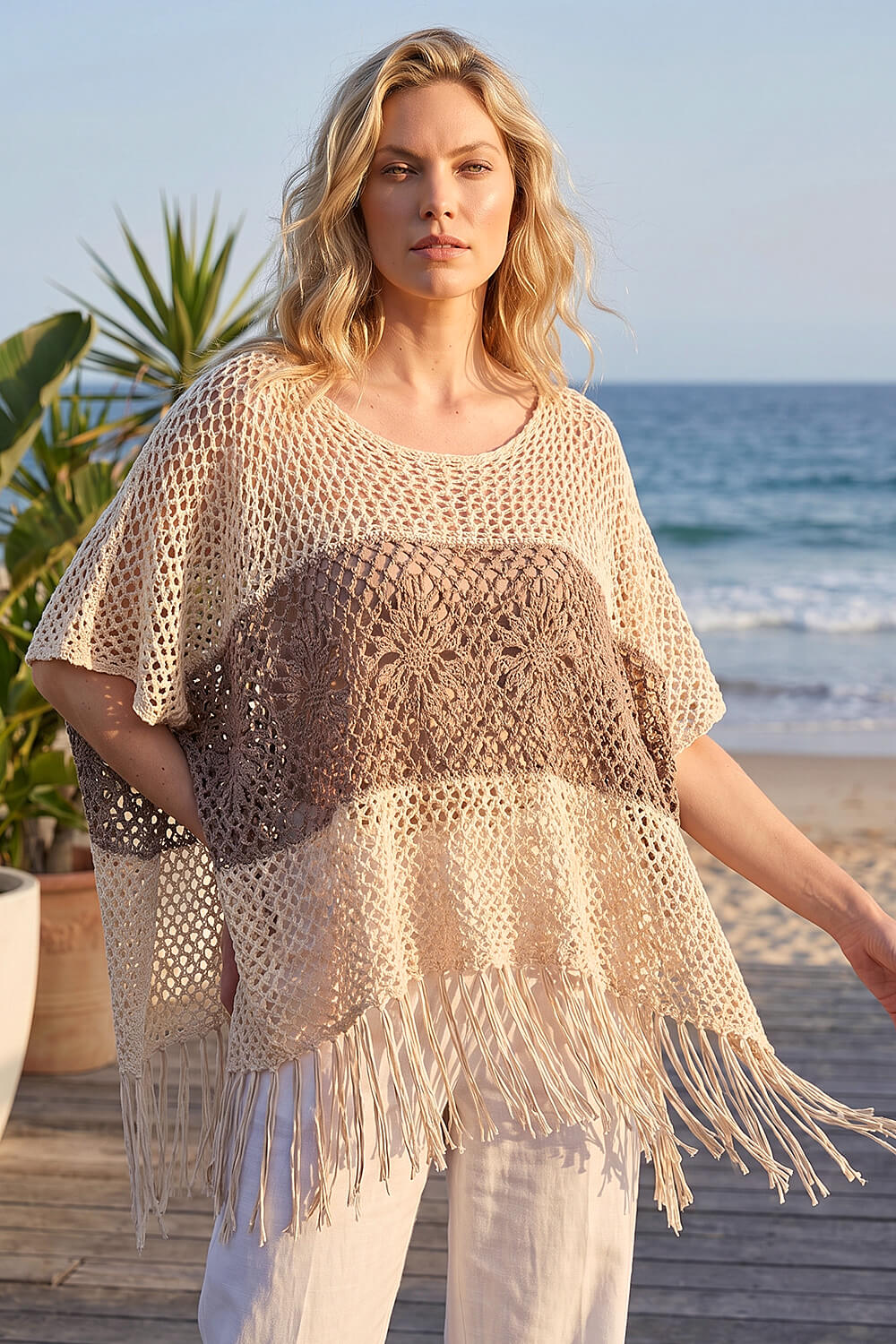 Natural Tassel Stripe Crochet Poncho, Image 1 of 4
