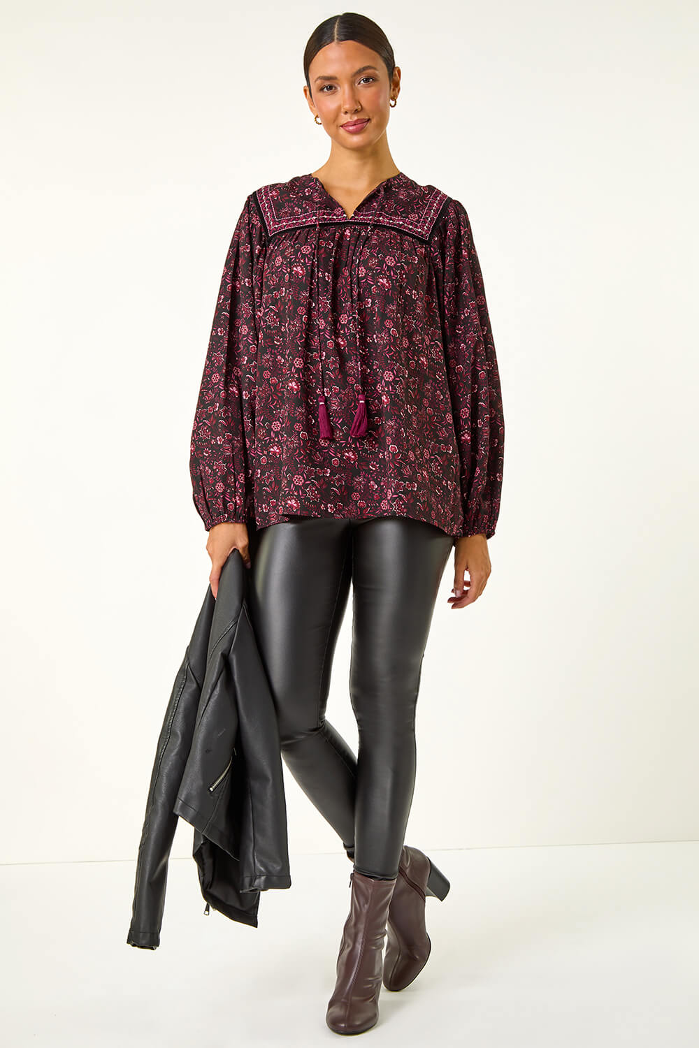 Purple Floral Print Tie Front Top, Image 3 of 5
