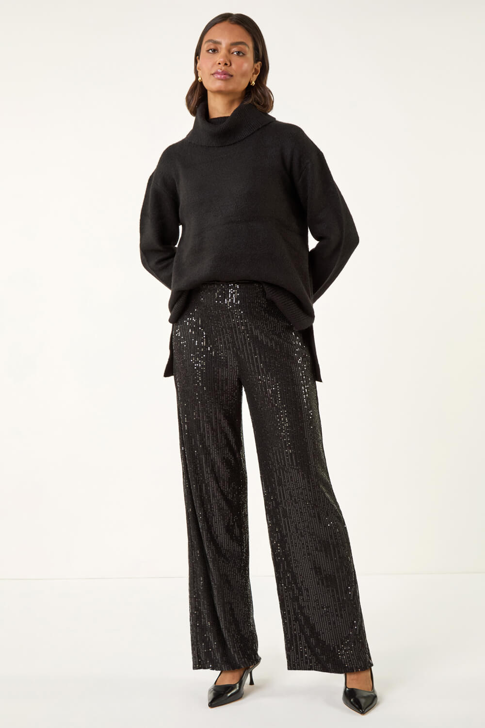 Black Sequin Wide Leg Trousers, Image 5 of 8