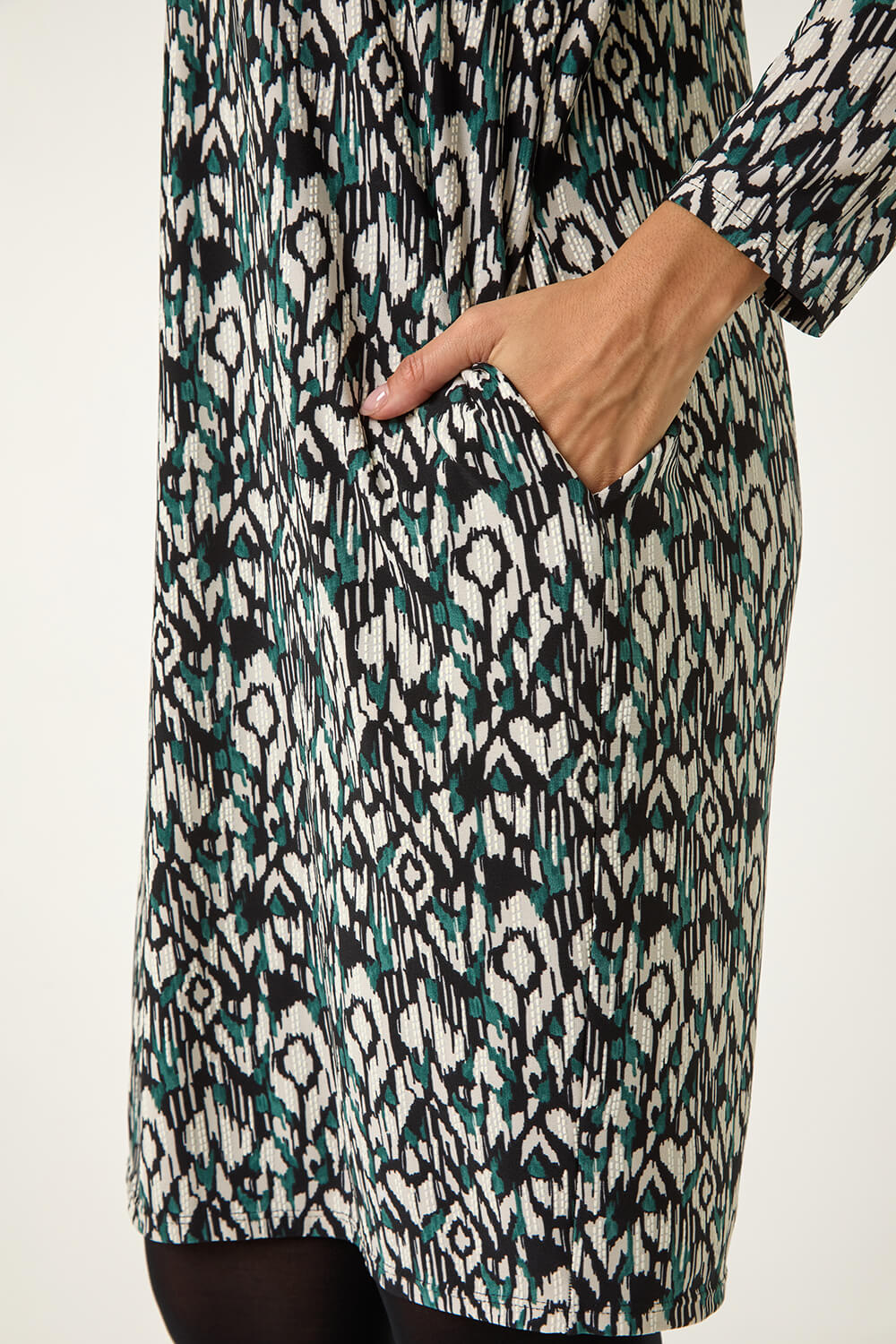 Teal Aztec Print V-Neck Shift Stretch Dress, Image 6 of 5