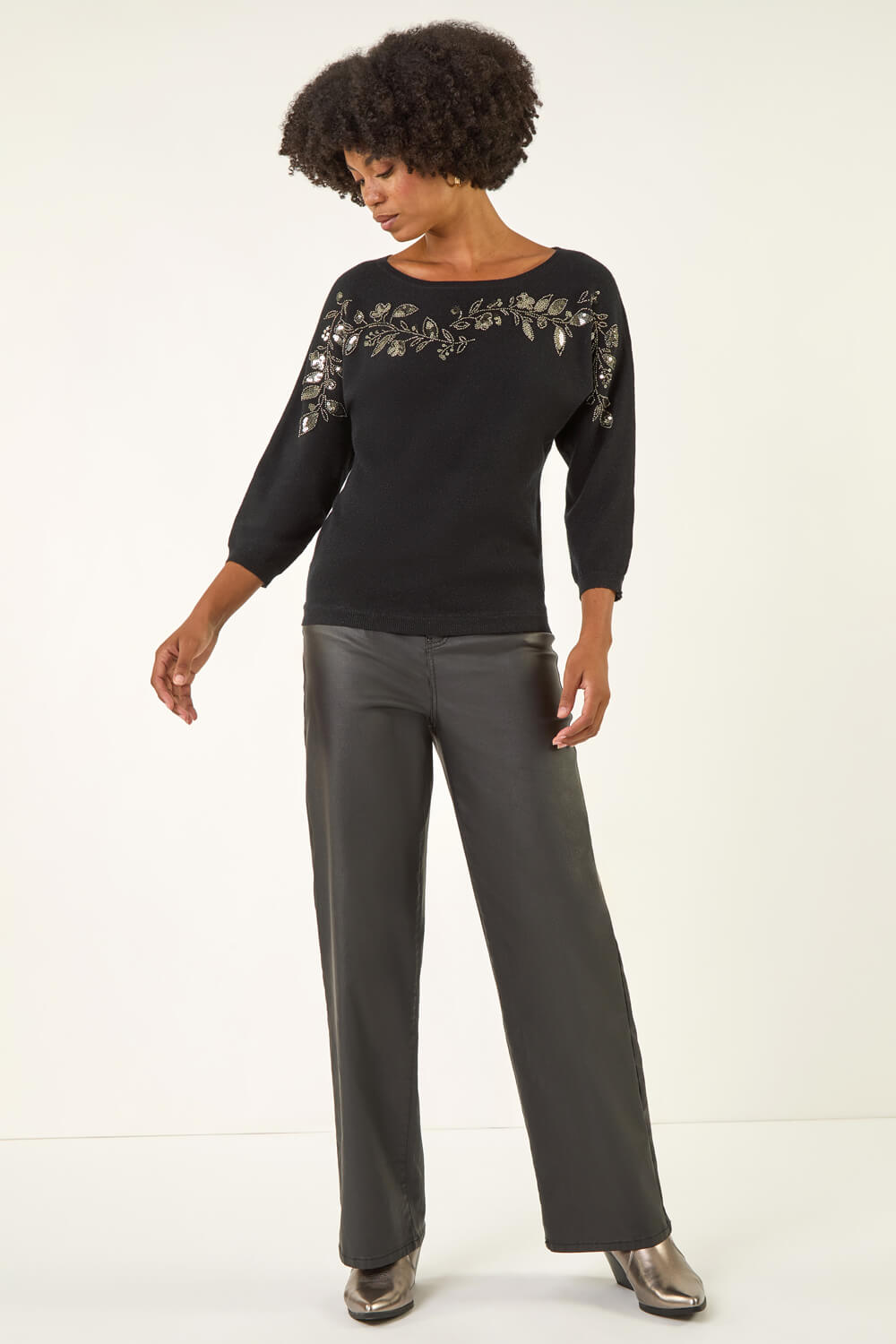 Black Embellished Floral Sequin Knit Jumper, Image 3 of 5