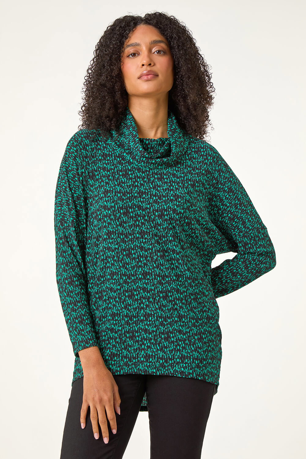 Green Print Relaxed Cowl Neck Tunic Top, Image 1 of 5