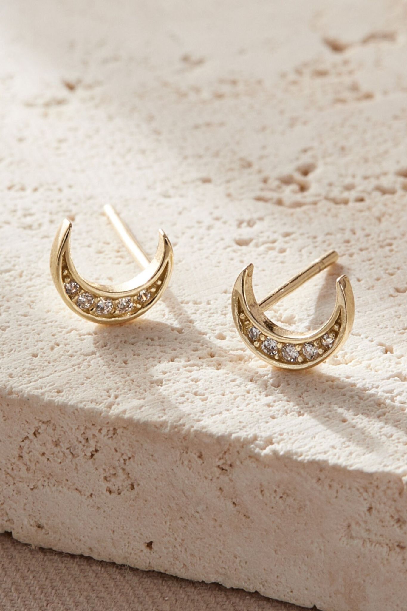 Gold Sterling Silver CZ Crescent Moon Studs, Image 1 of 3