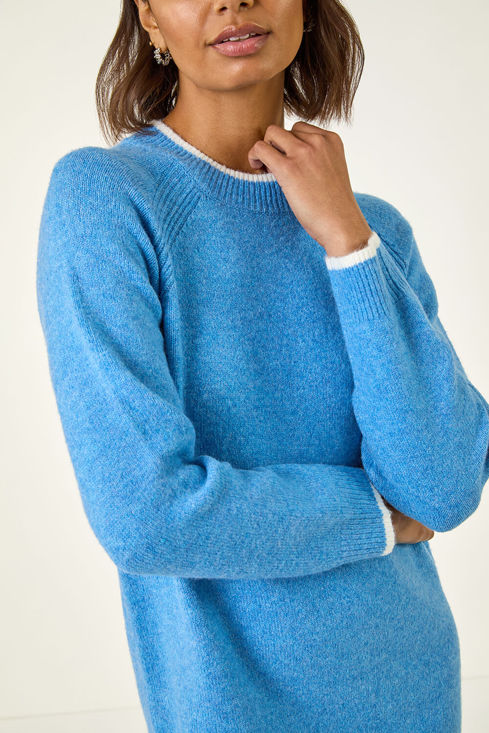 Blue Contrast Trim Knitted Jumper Dress, Image 7 of 7