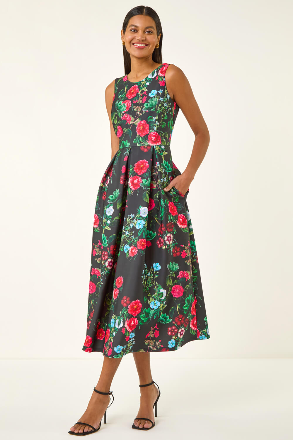 Black Floral Print Premium Stretch Midi Dress, Image 1 of 5