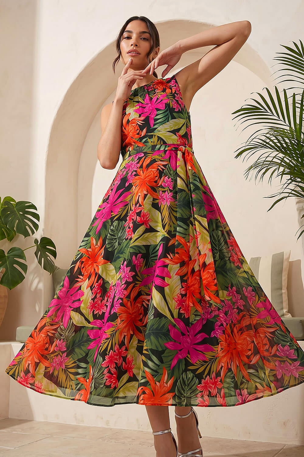 Black Leaf Print Chiffon Pleat Neck Midi Dress , Image 3 of 4