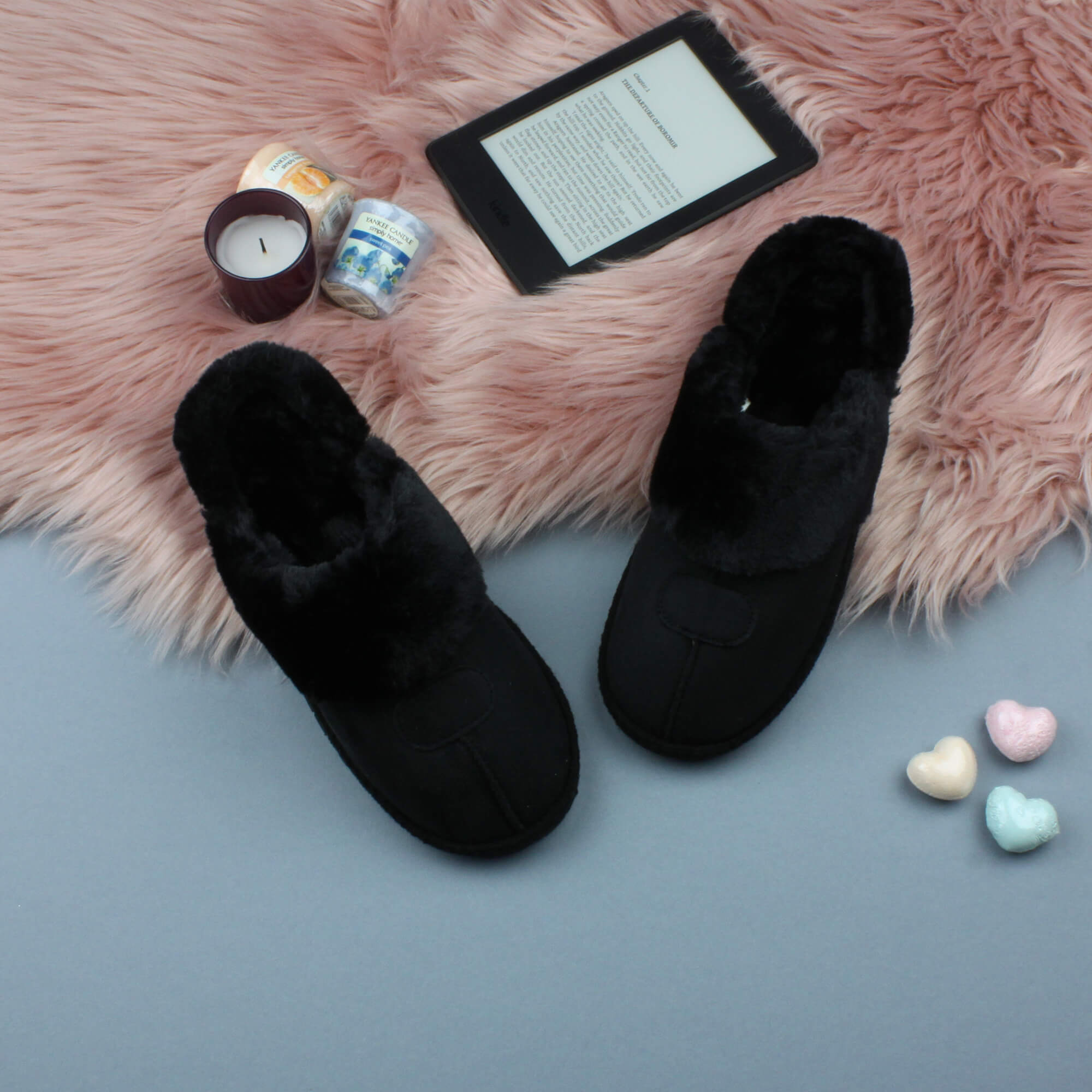 Black AJVANI Black Faux Fur Lined Slip On Memory Foam Mules Slippers, Image 3 of 5