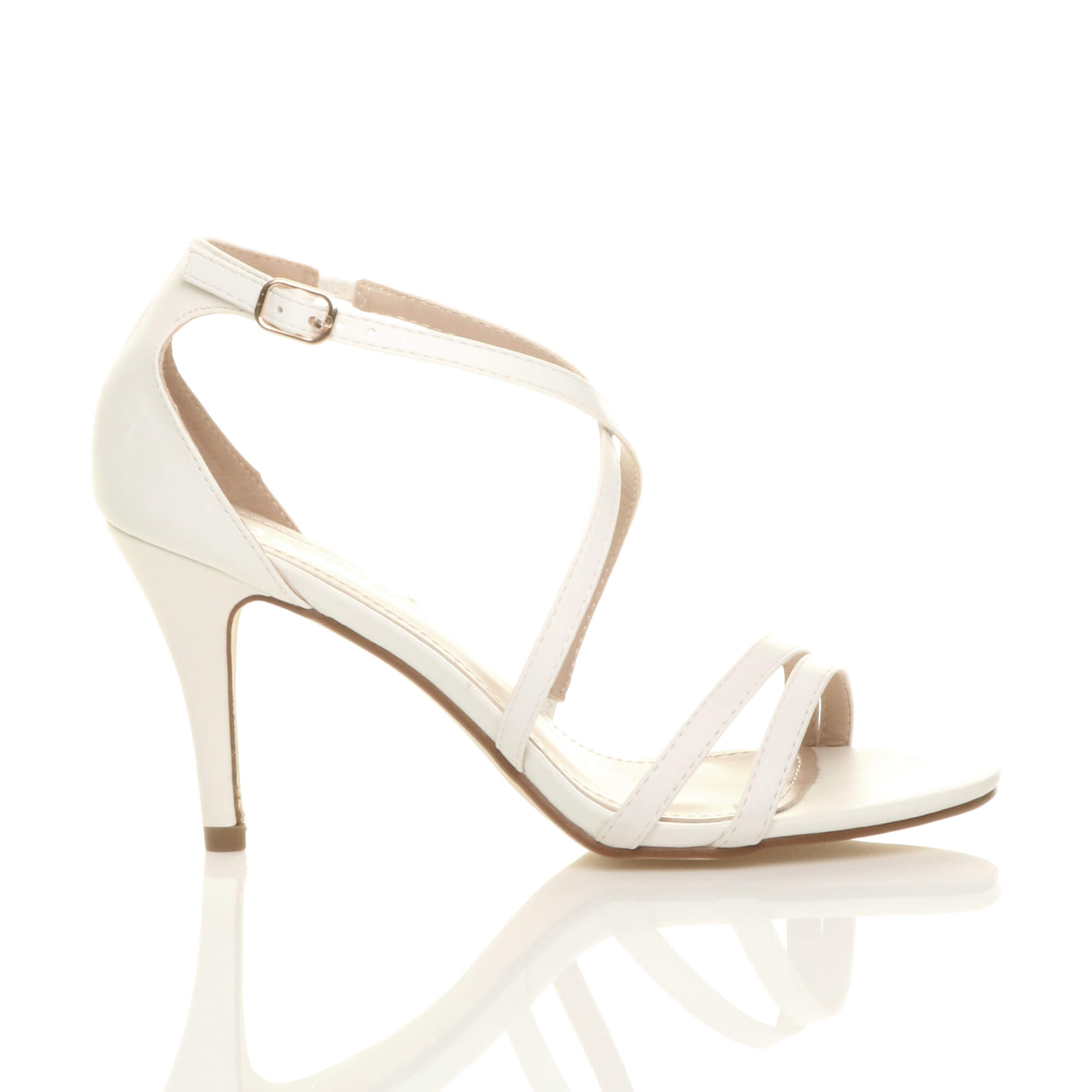 White AJVANI White High Heel Crossed Straps Buckle Sandals, Image 2 of 6