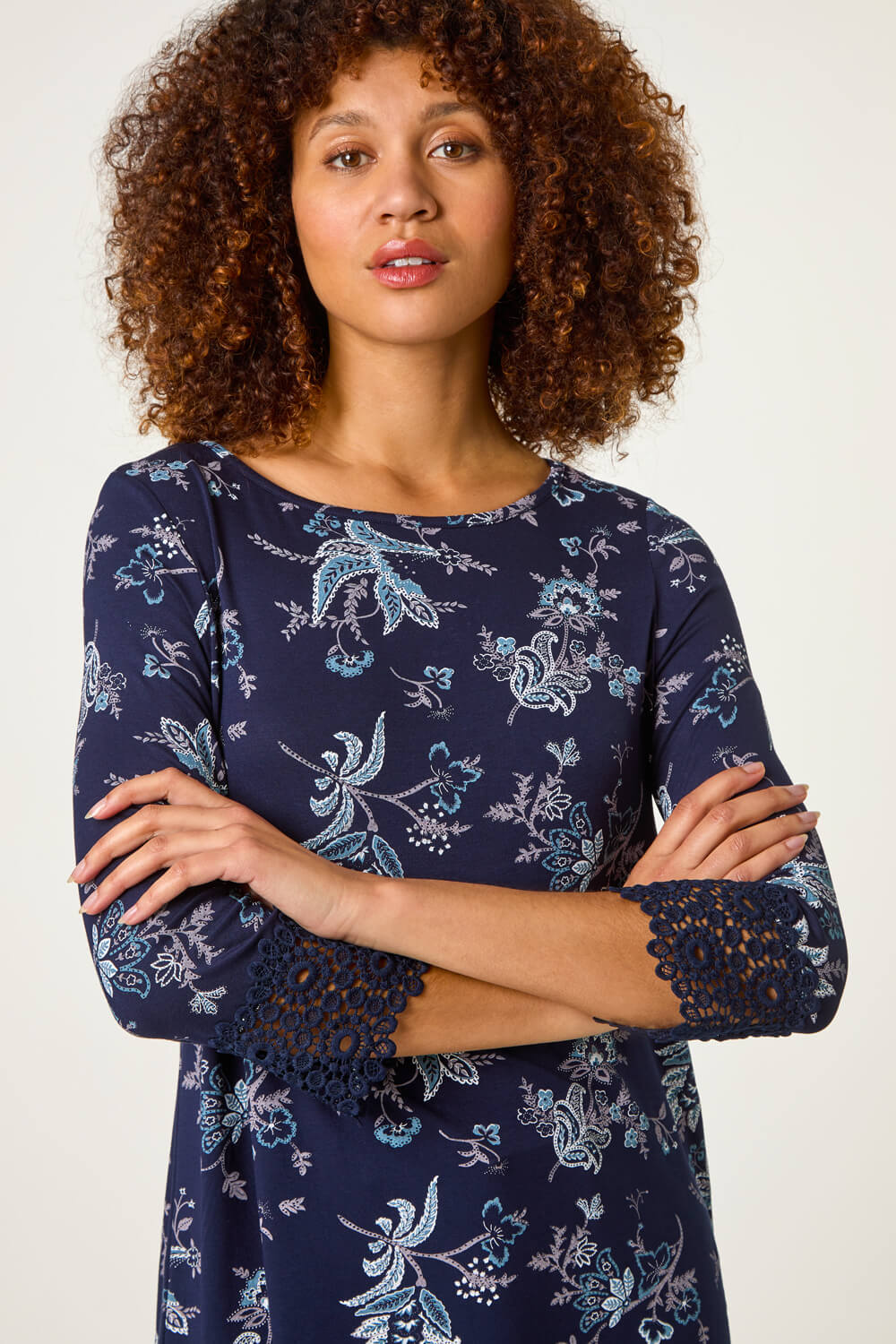 Navy Floral Lace Cuff Stretch Top, Image 1 of 5