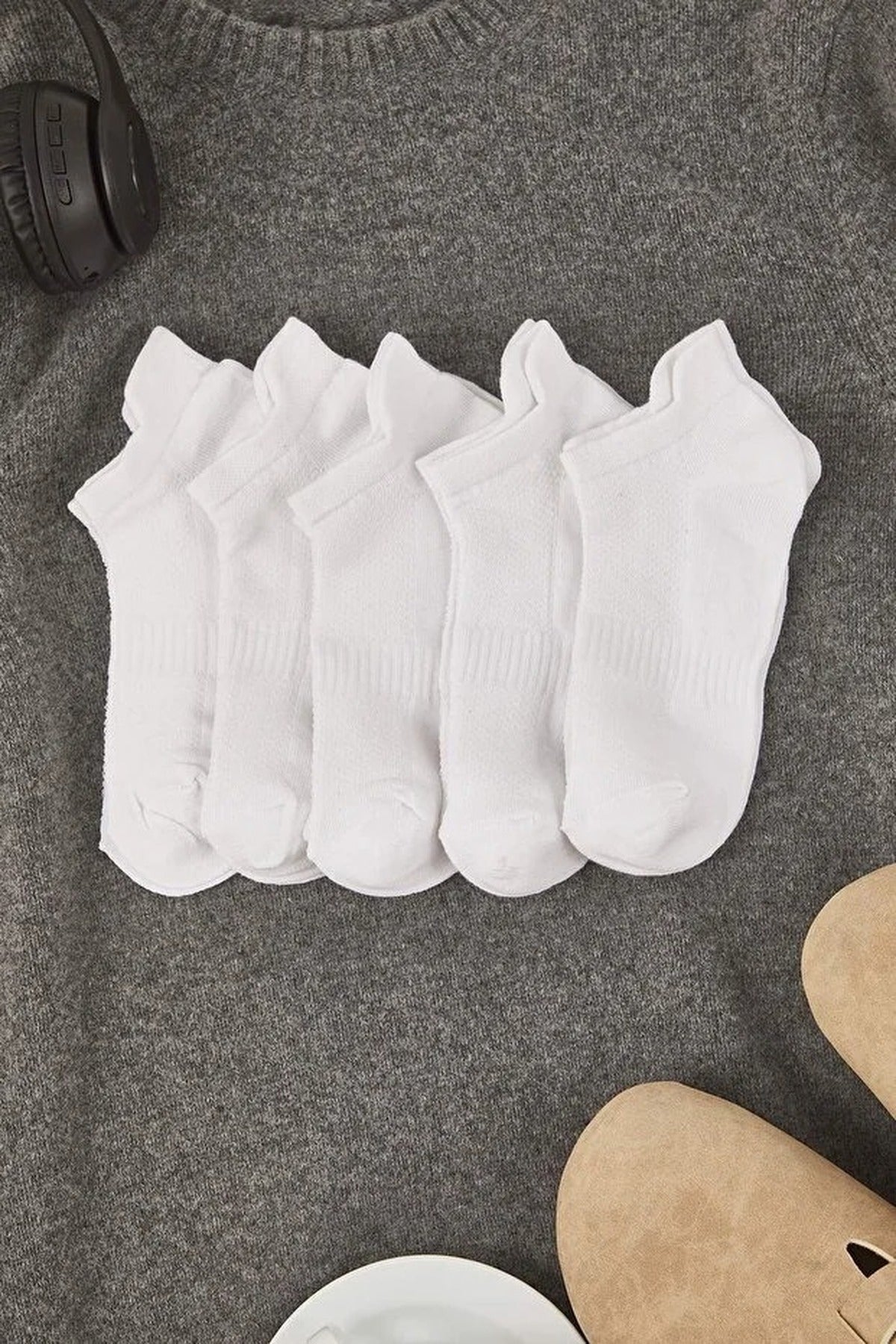 White 5 Pack Cotton Knit Sports Ankle Socks, Image 1 of 4