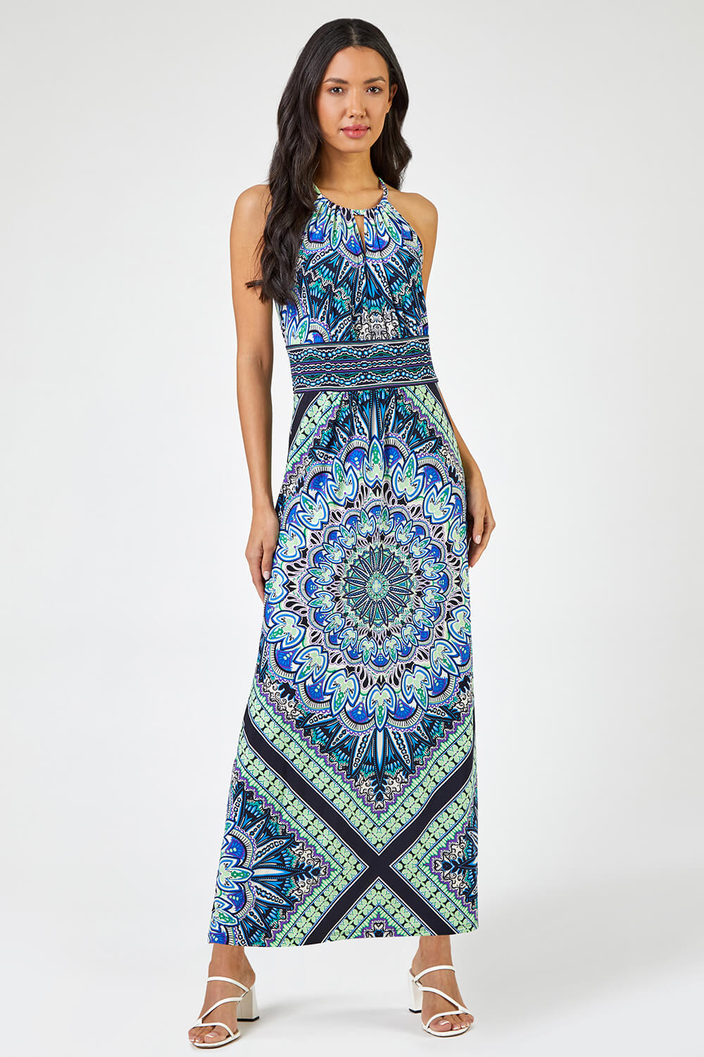 Blue Boho Print Halterneck Maxi Dress, Image 1 of 5