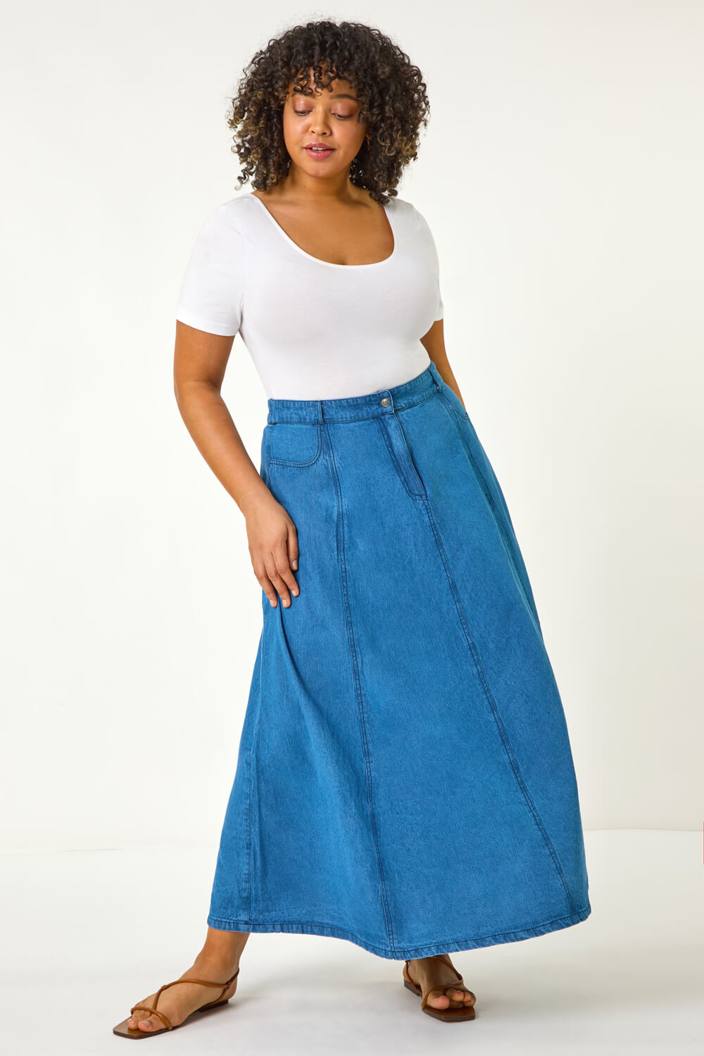 Indigo Curve Cotton Denim Swing Skirt , Image 4 of 5