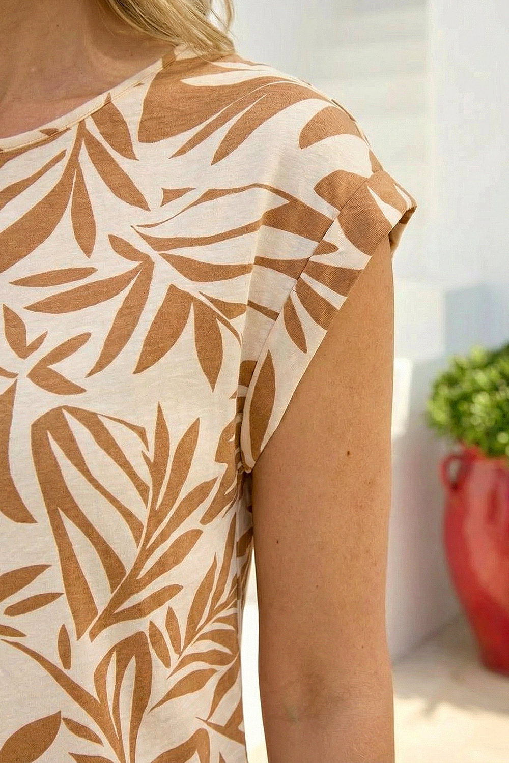 Mocha Leaf Print Shell Top, Image 5 of 4