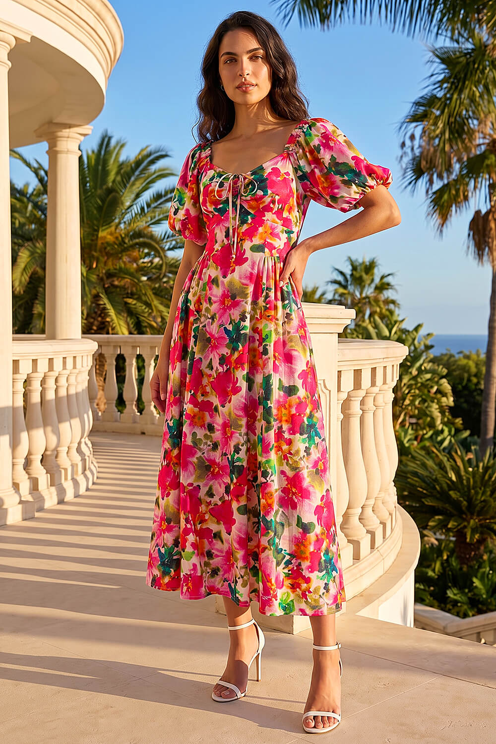 Dusk Women's Red Floral Pleated Puff Dress Size 10