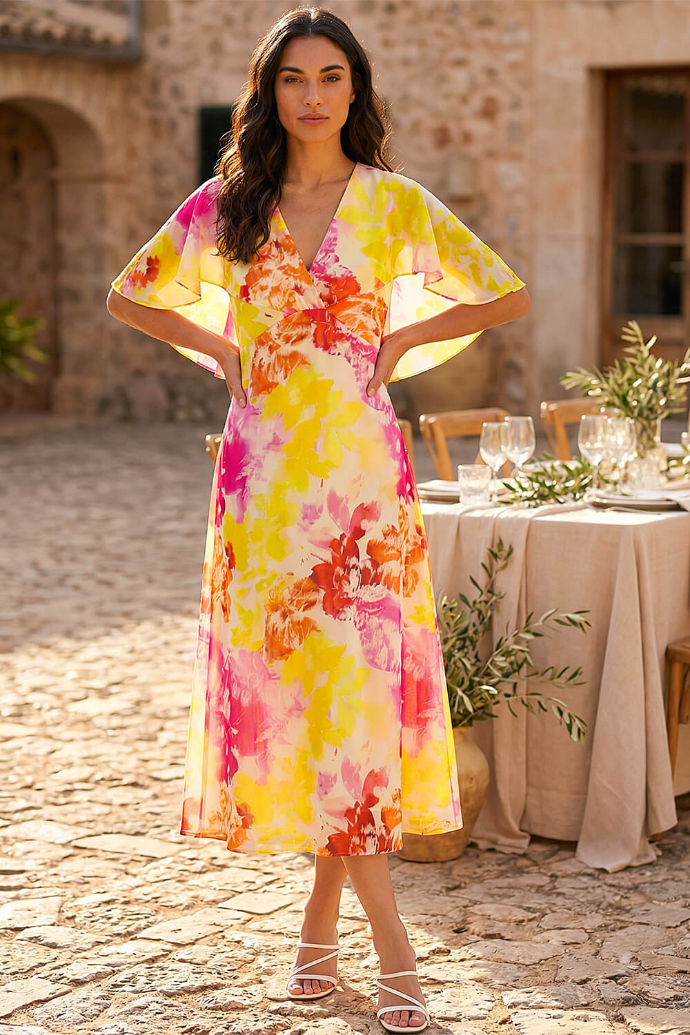 Pink Abstract Printed Cape Dress, Image 1 of 3