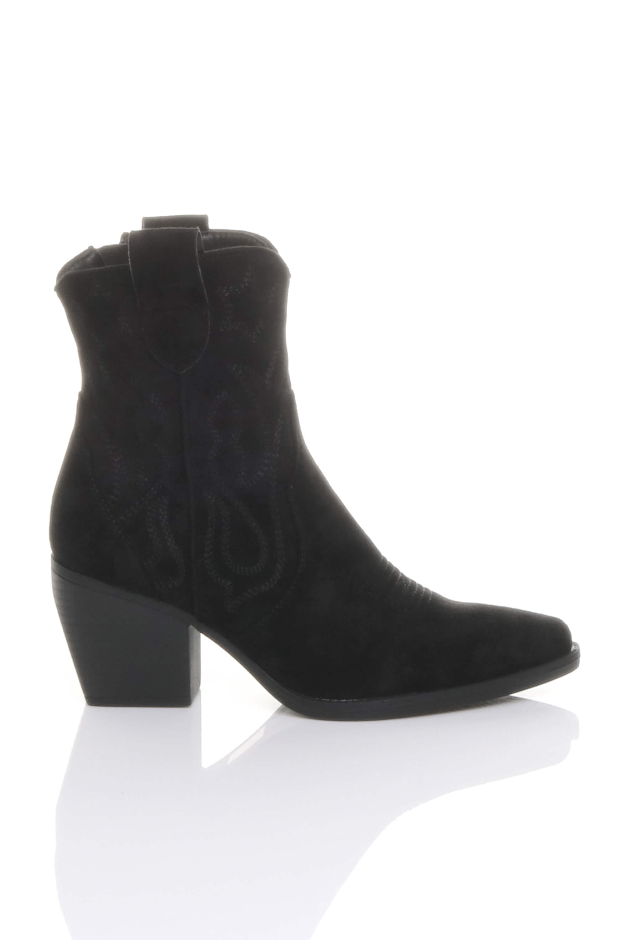 Black AJVANI Black Mid Cuban Heel Pointed Toe Western Cowboy Ankle Boots, Image 2 of 4