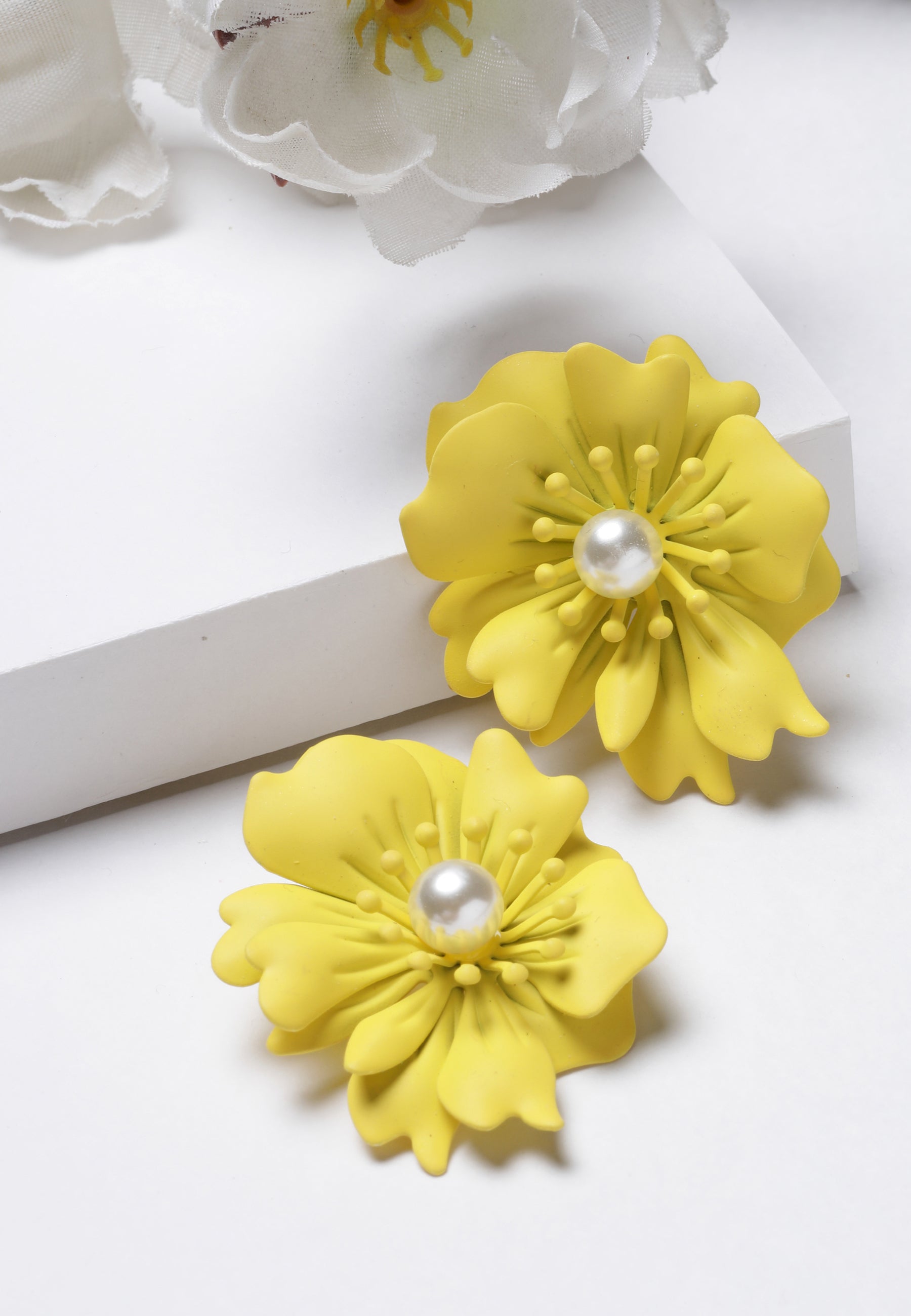 Yellow Floral Pearl Stud Earrings In Light Pink, Image 2 of 5