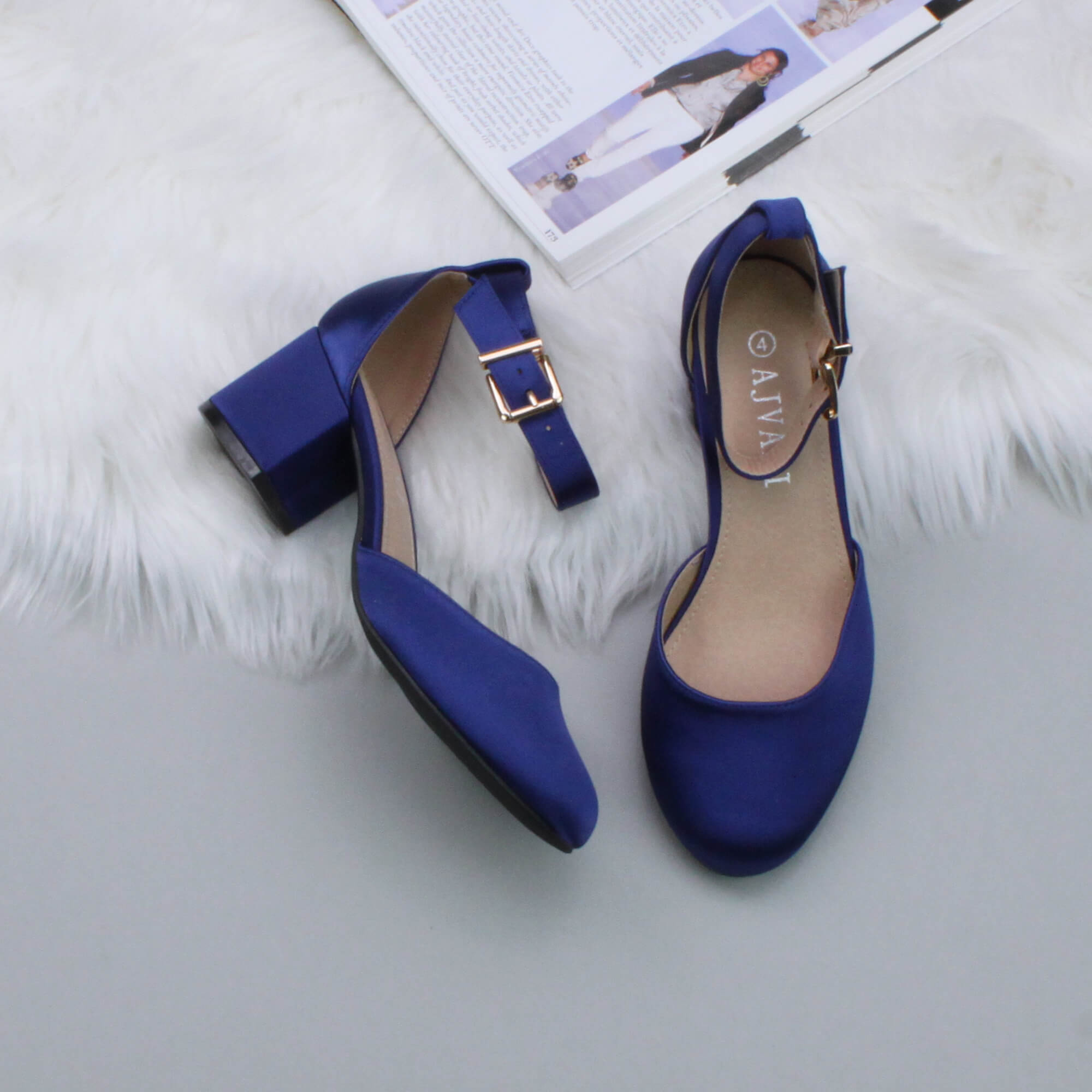 Navy Blue AJVANI Navy Blue Mid Block Heel Ankle Strap 2 Part Heels, Image 4 of 6