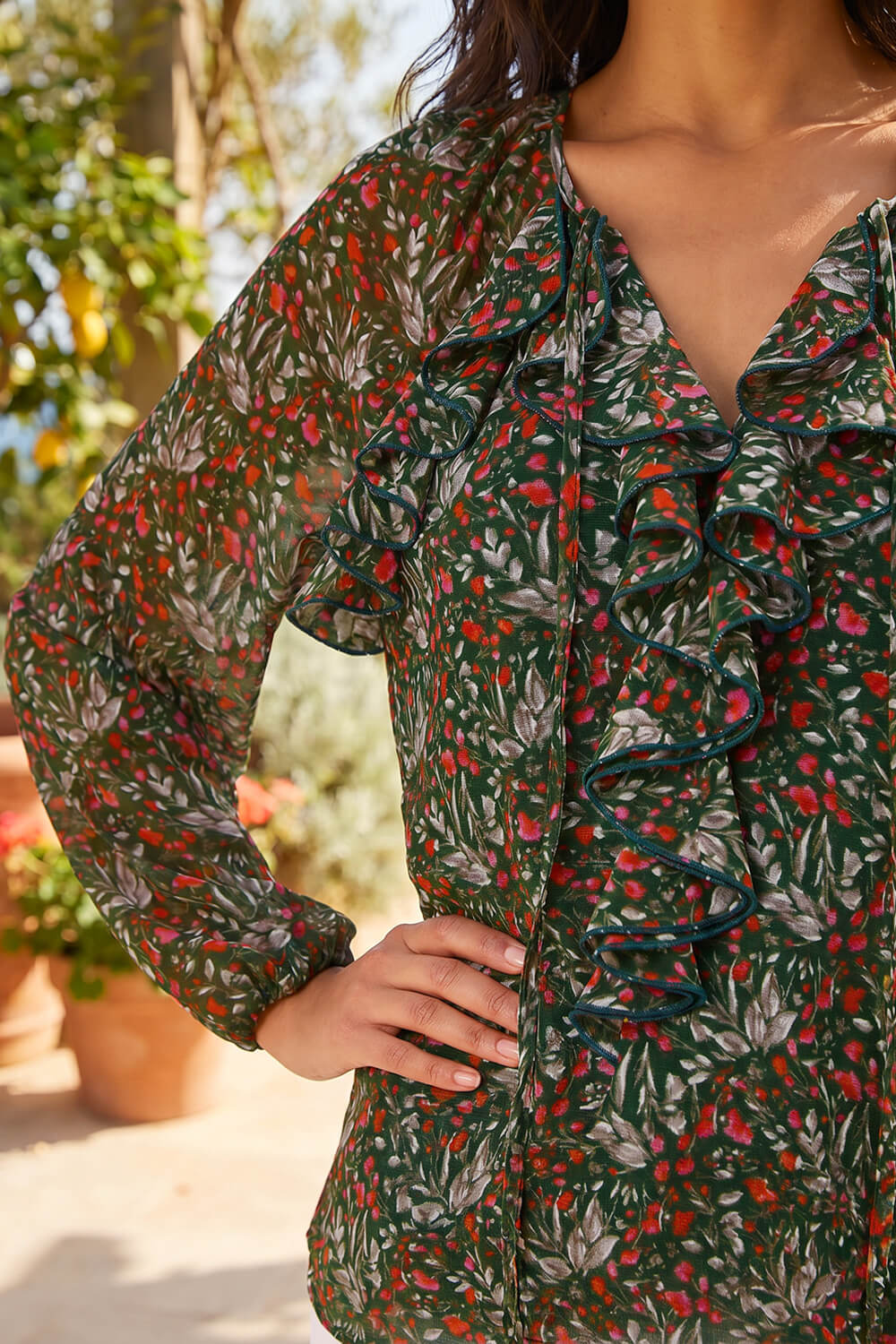Green Floral Mesh Print Gathered Top, Image 5 of 4