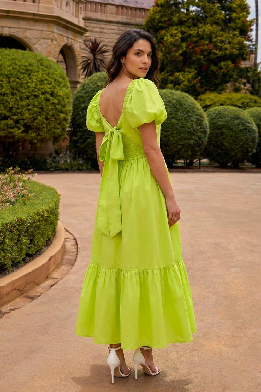 Lime Dusk Pleated Puff Midi Dress | Roman UK