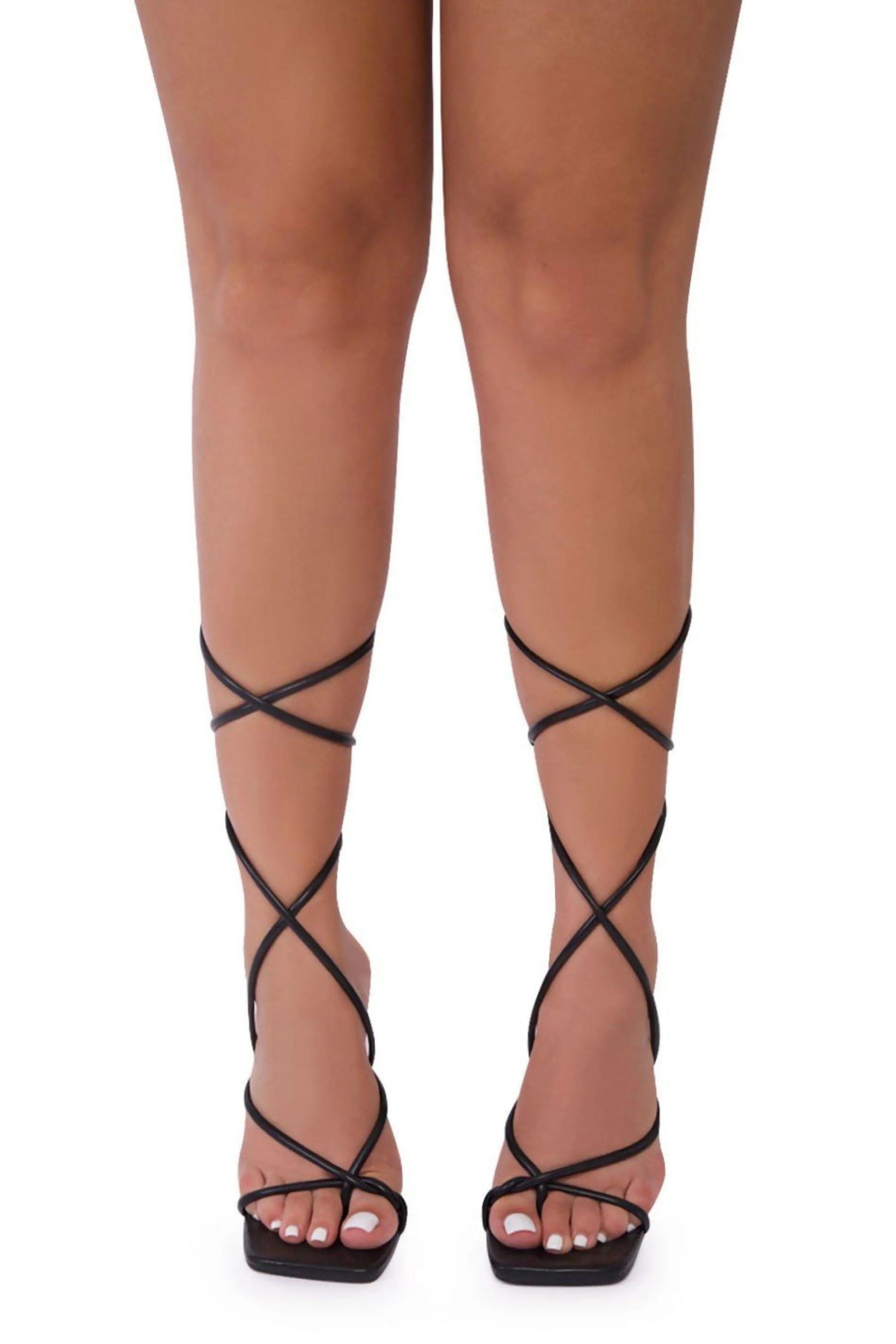 Black Strappy Stiletto Square Toe Heels - Danira, Image 1 of 3