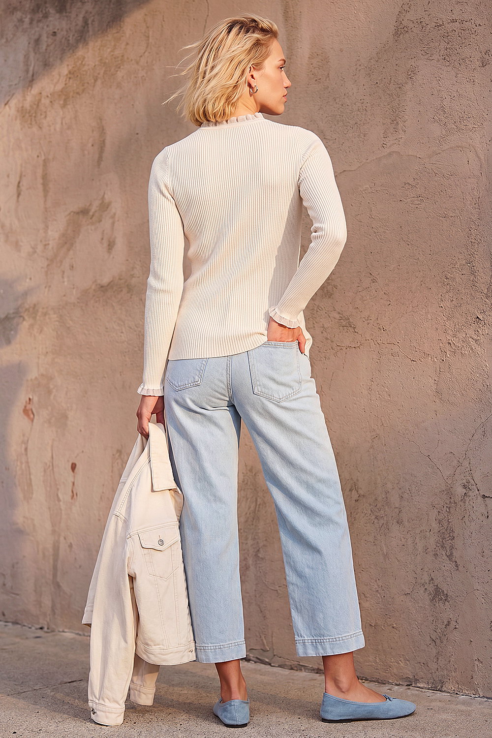 Ivory  Woven Trim Ribbed Knit Jumper, Image 3 of 4