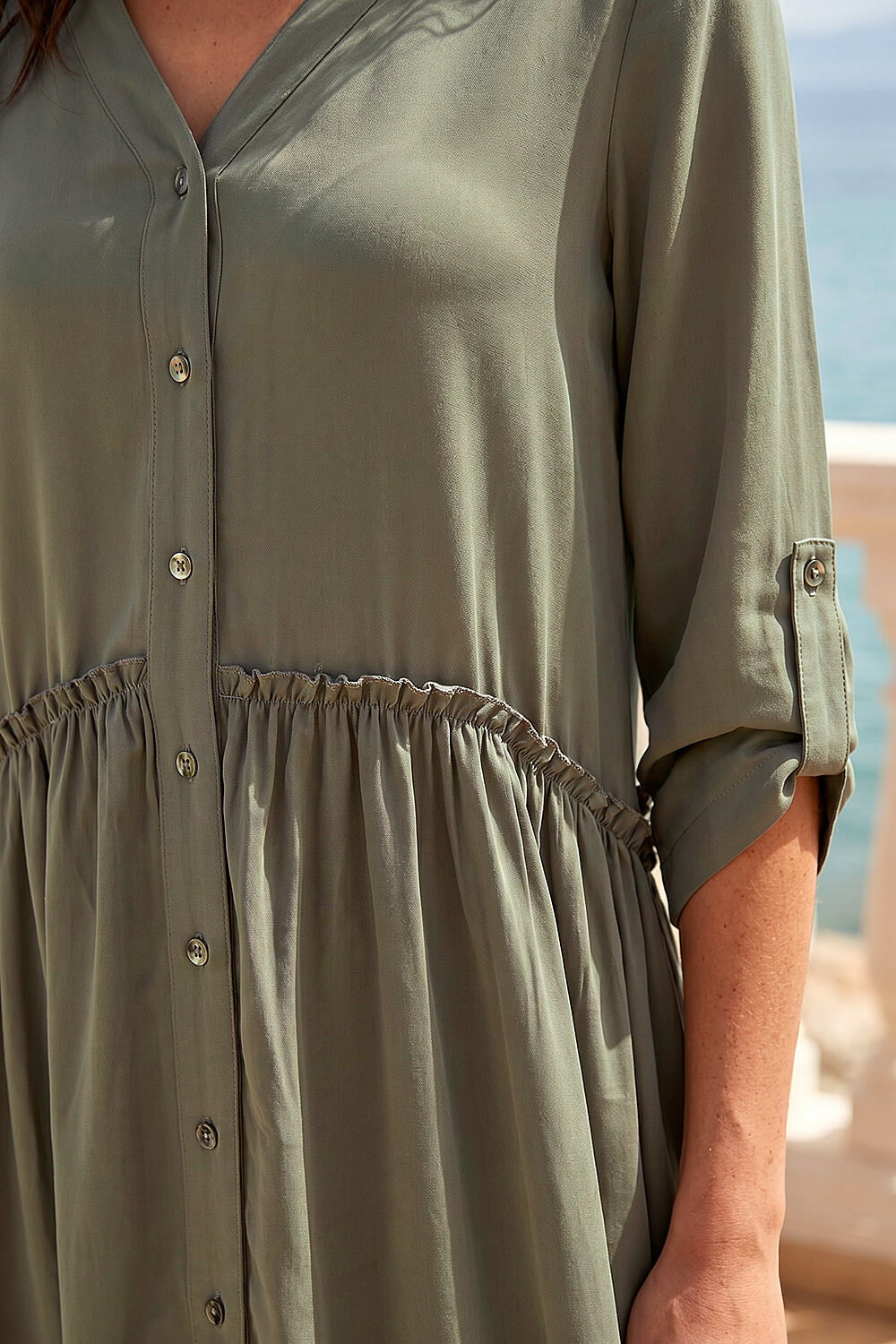 Khaki Satin Drop Waist Smock Dress , Image 5 of 4