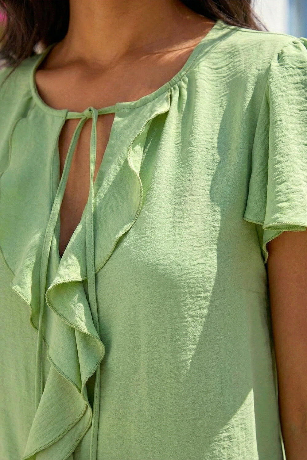 Mint Frilled Sleeve Tie Front Top, Image 5 of 4