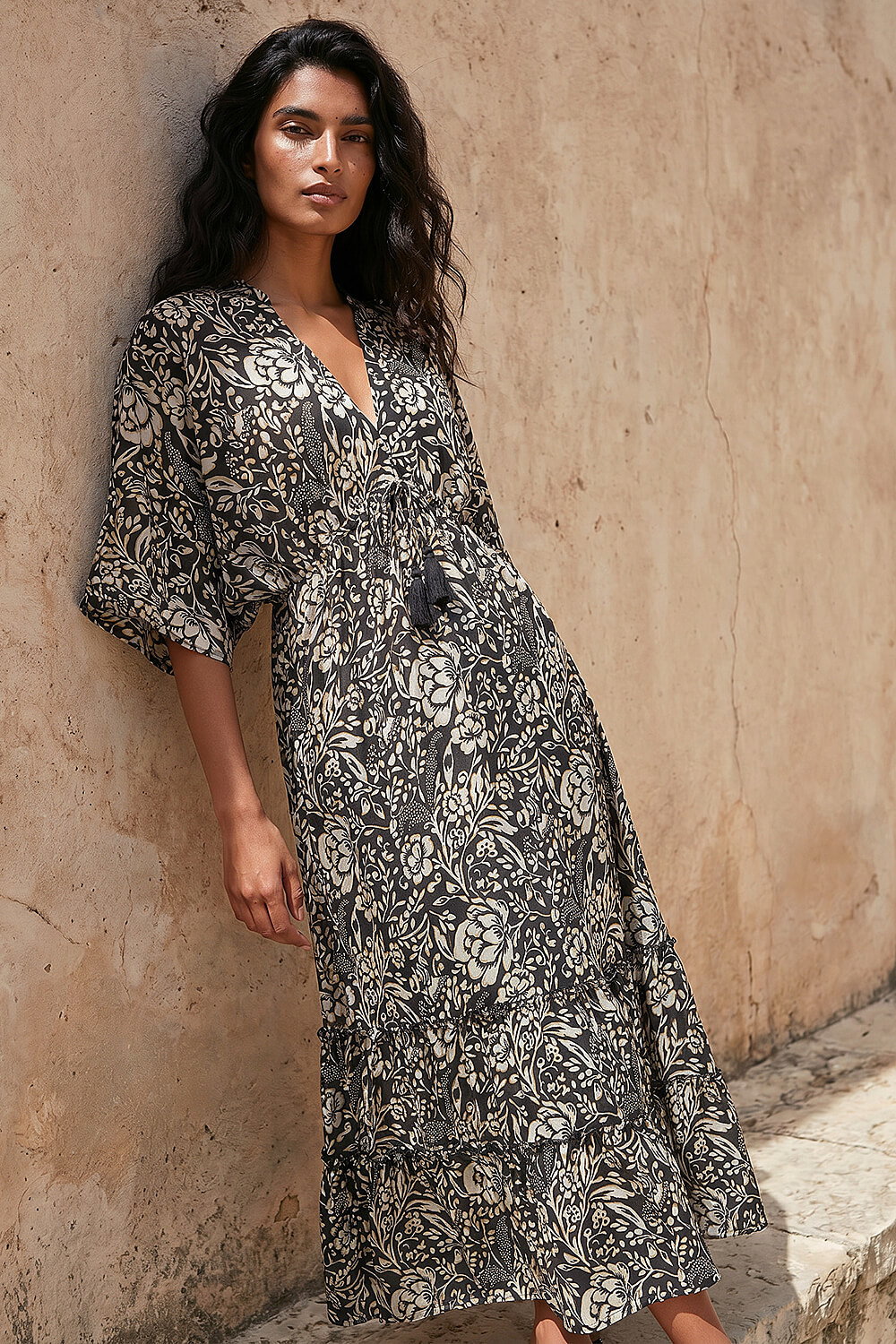 Black Boho Floral Print V-Neck Maxi Dress, Image 1 of 4