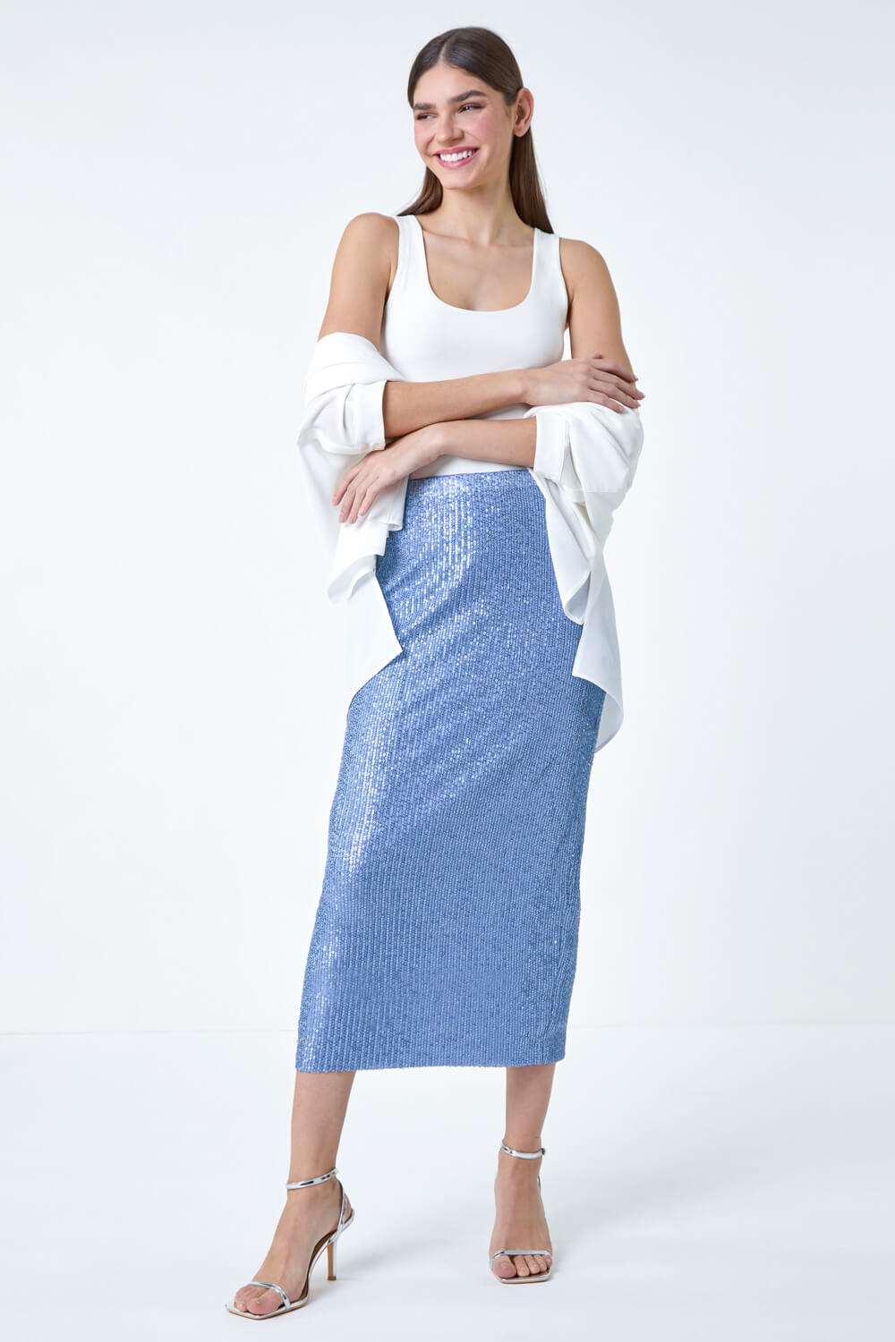 Steel Blue Sequin Sparkle Stretch Midi Skirt, Image 4 of 5