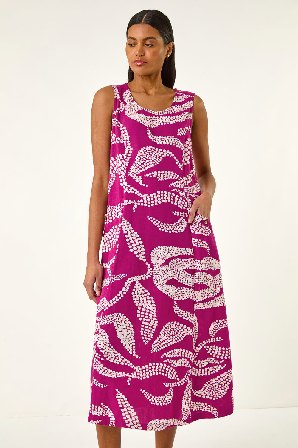 Magenta Leaf Print Shift Midi Dress, Image 3 of 5