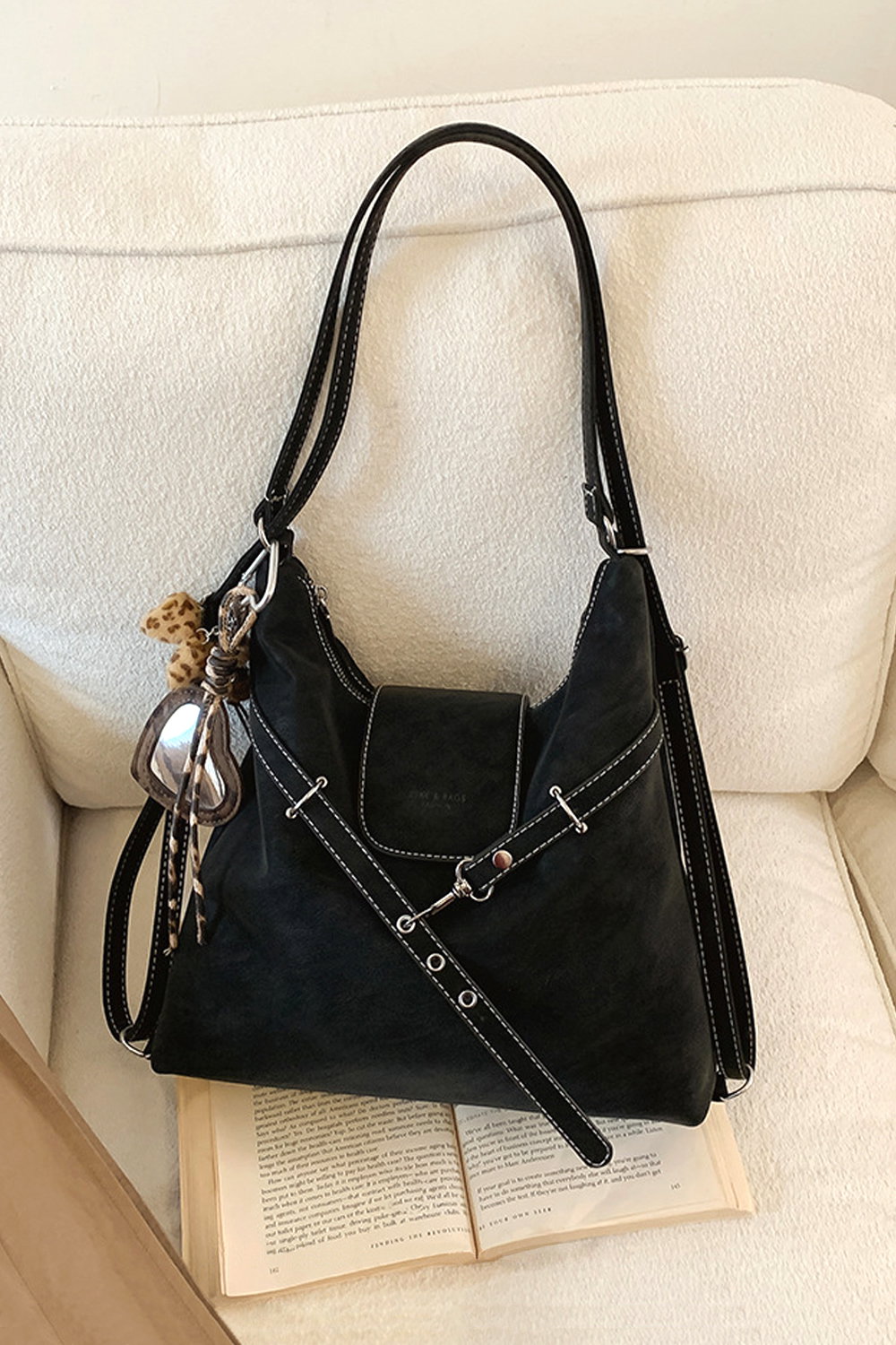 Black 'Elissa' Slouchy Shoulder Strap Tote Bag With Keychain Charm