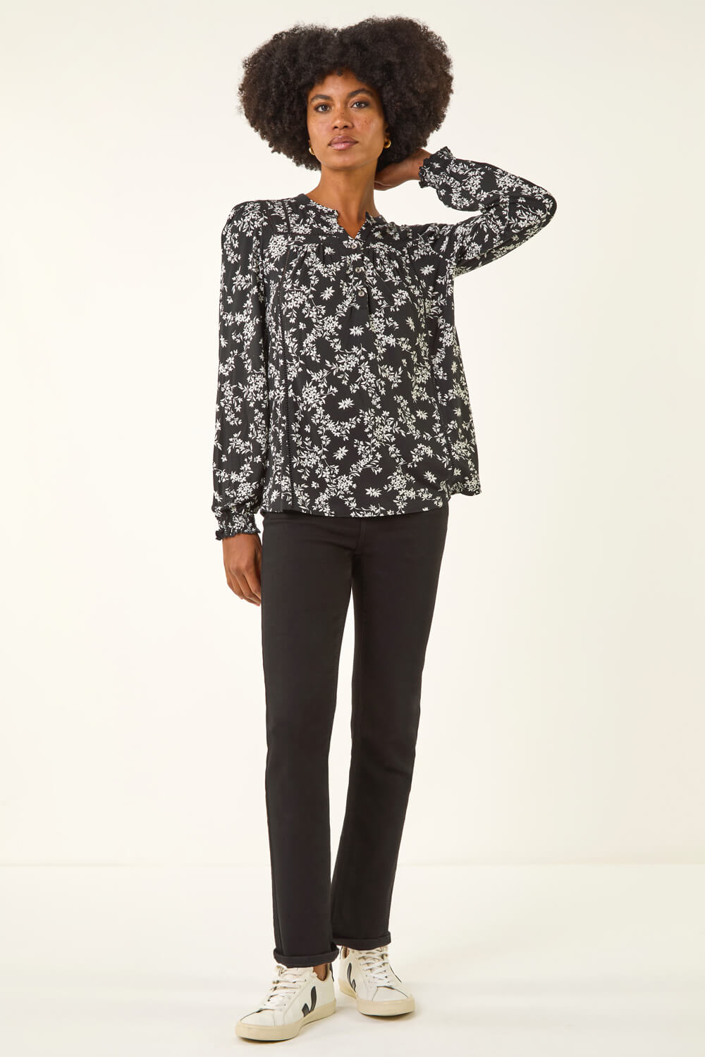 One-Shoulder Free Size Floral Appliqué Top (Black Edition)