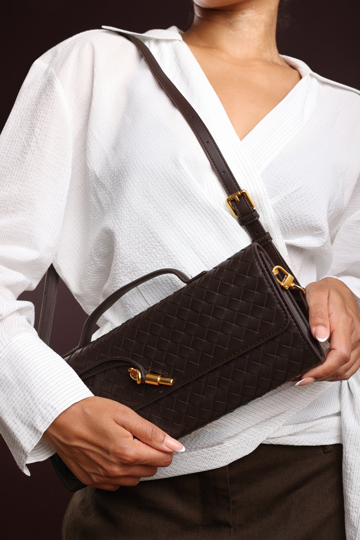 Dark Brown Petal Envelope Style Woven Clutch Bag, Image 8 of 8