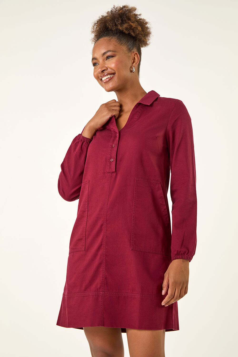 Wine Collared Shift Shirt Dress, Image 3 of 5
