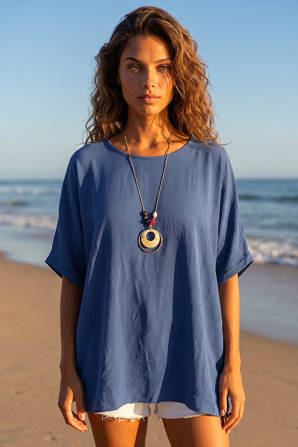 Blue Tunic Top with Necklace, Image 1 of 4