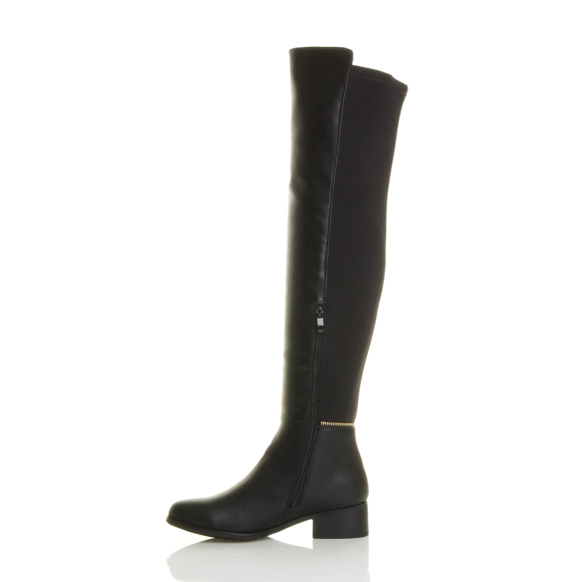 Black AJVANI Black Elastic Gold Zip Over The Knee Boots, Image 3 of 6