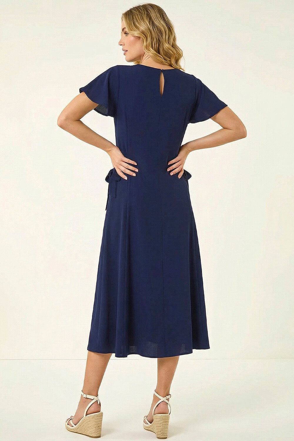 Navy  Side Tie Detail Midi Dress, Image 3 of 6